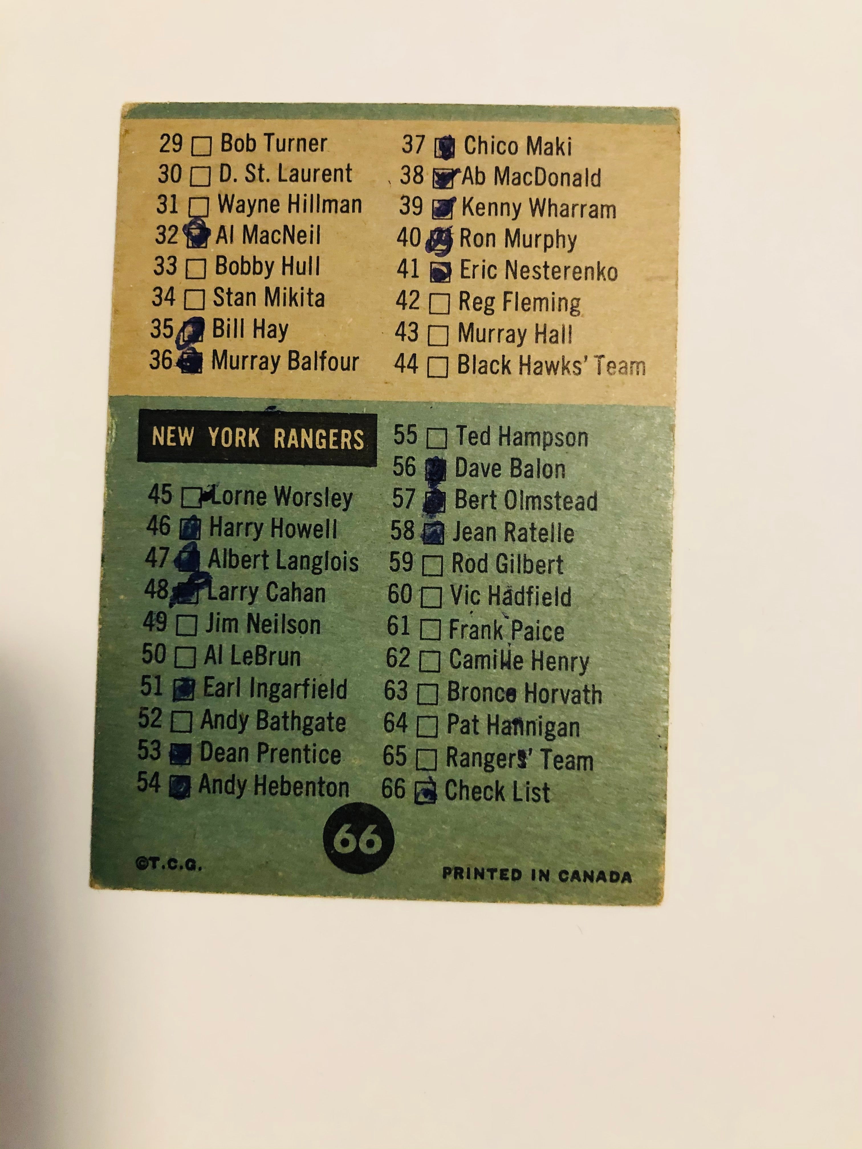 1962 Topps rare hockey card checklist card