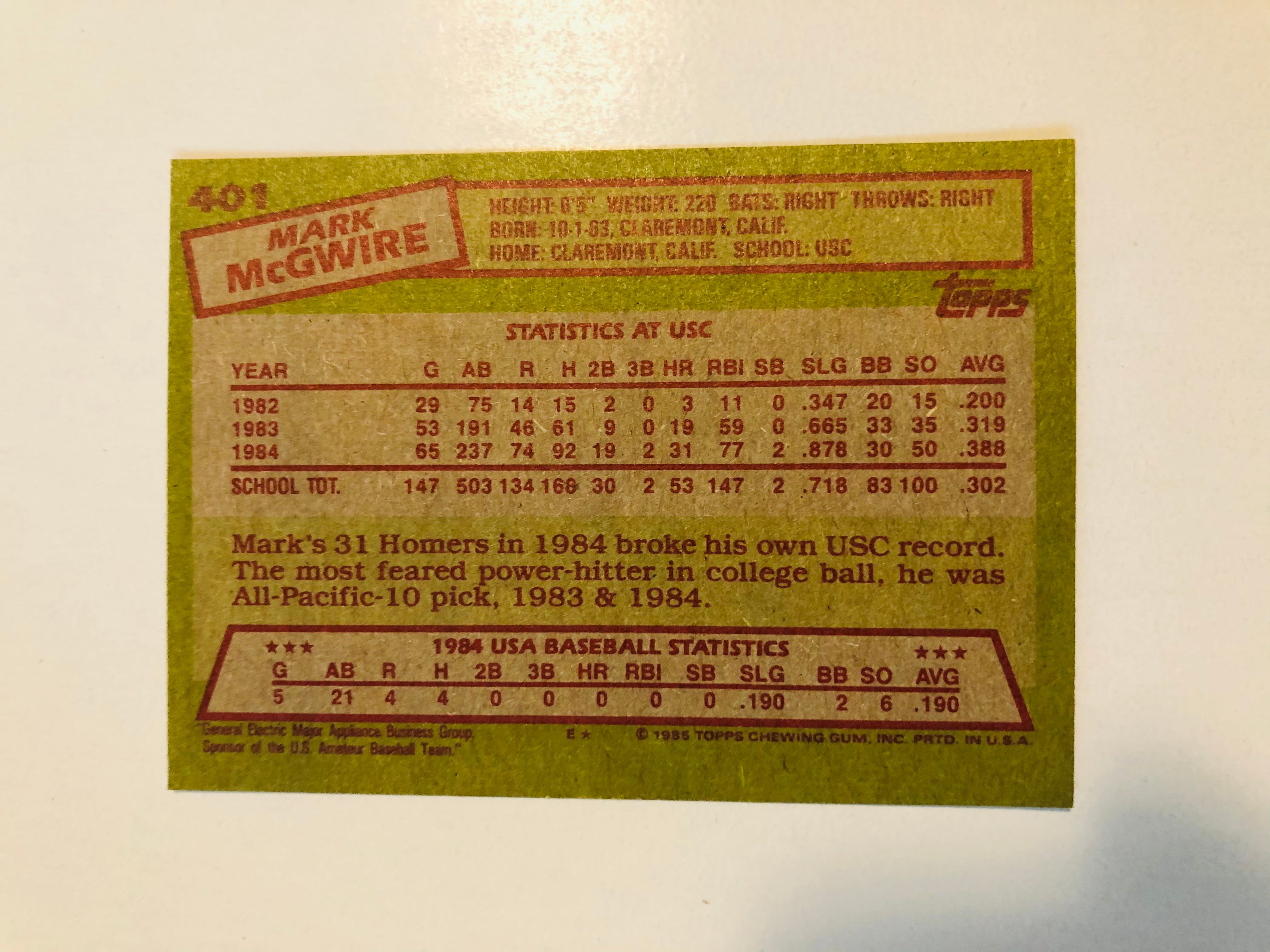 Mark McGuire high grade Topps baseball rookie card 1985