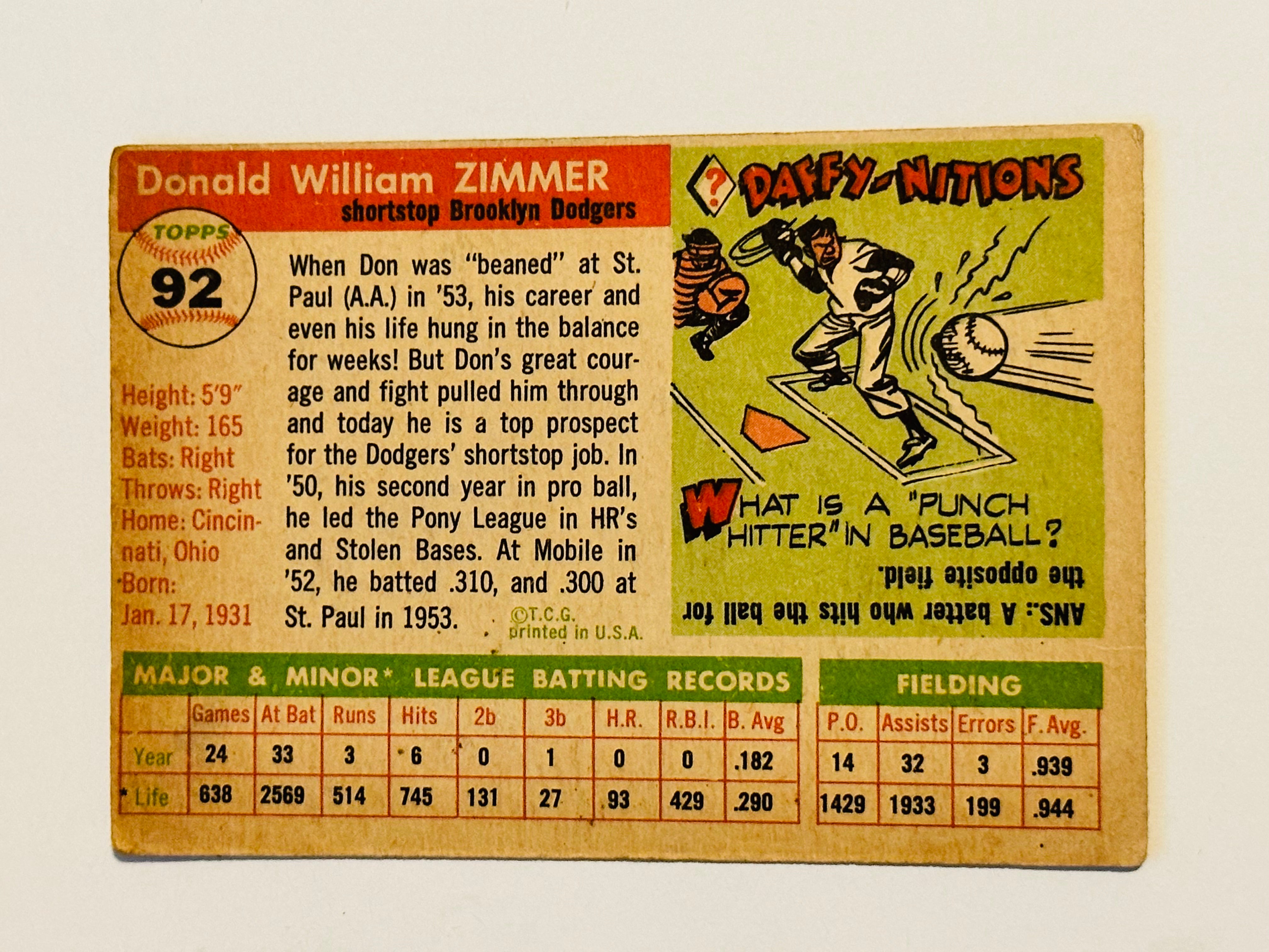 Don Zimmer Topps baseball rare rookie card 1956