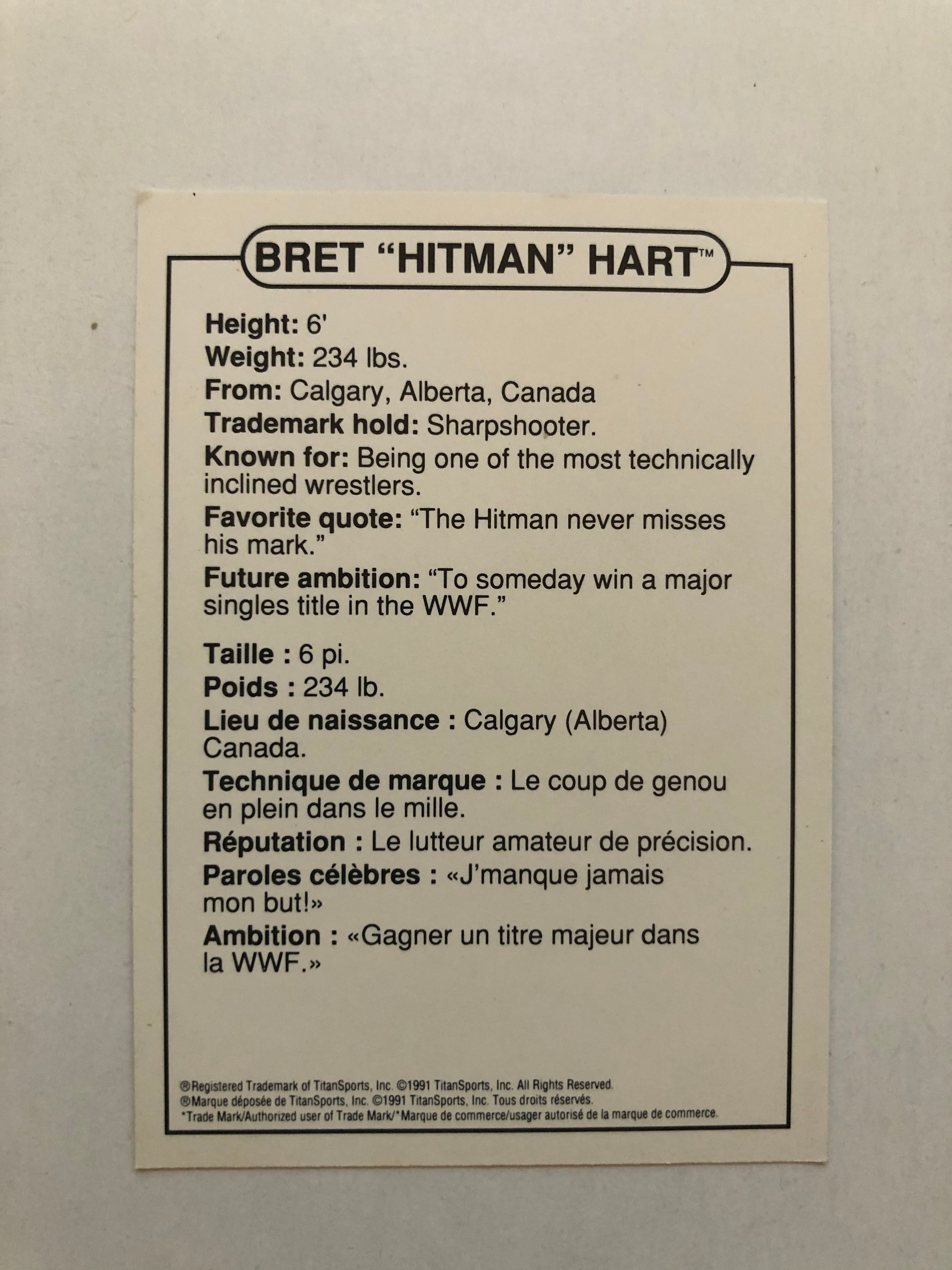 Wrestling legend Brett Hart Swansons limited issued card