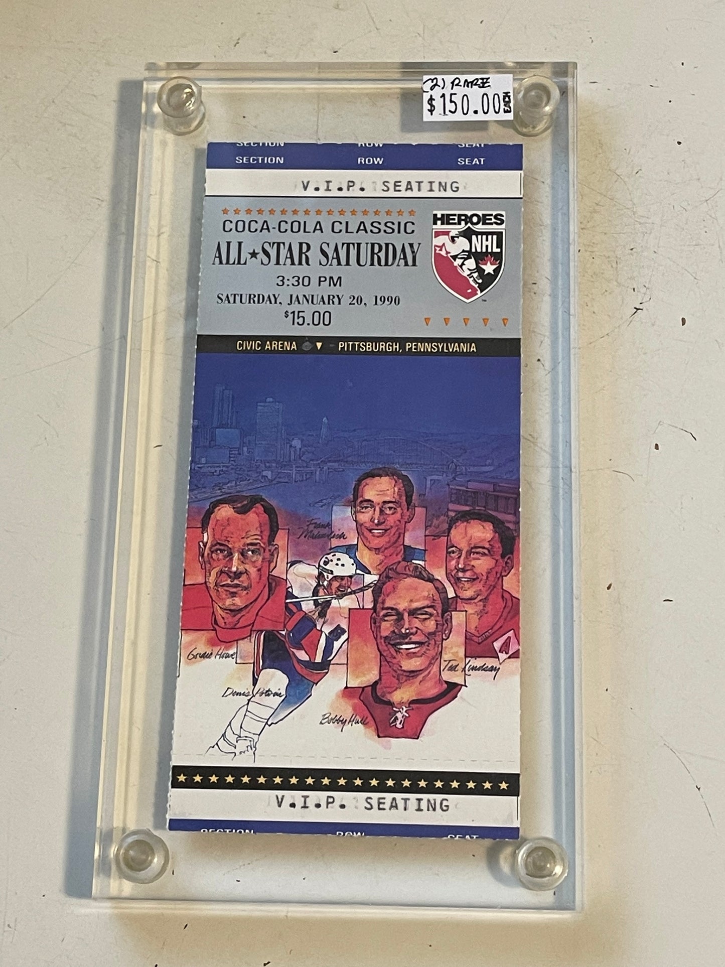 NHL hockey All-Star games two rare tickets in lucite holder 1990