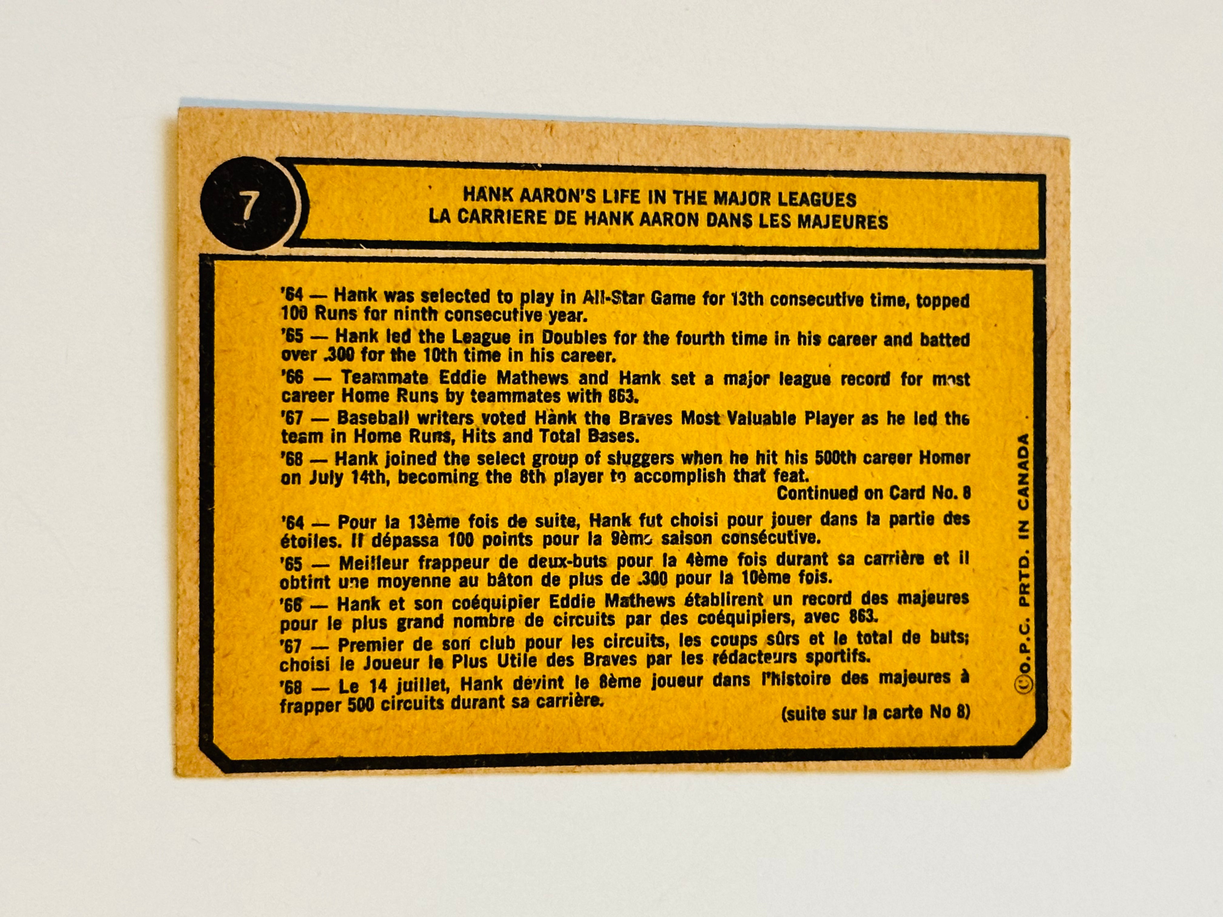 Hank Aaron Special rare Opc baseball high grade card 1974