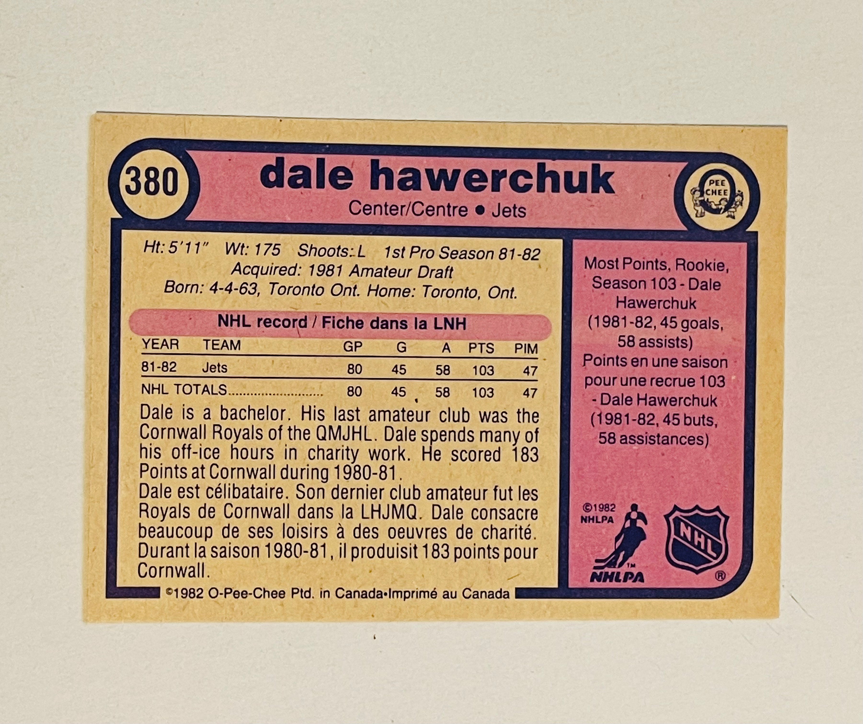 Dale Hawerchuk opc high grade hockey rookie card 1982-83