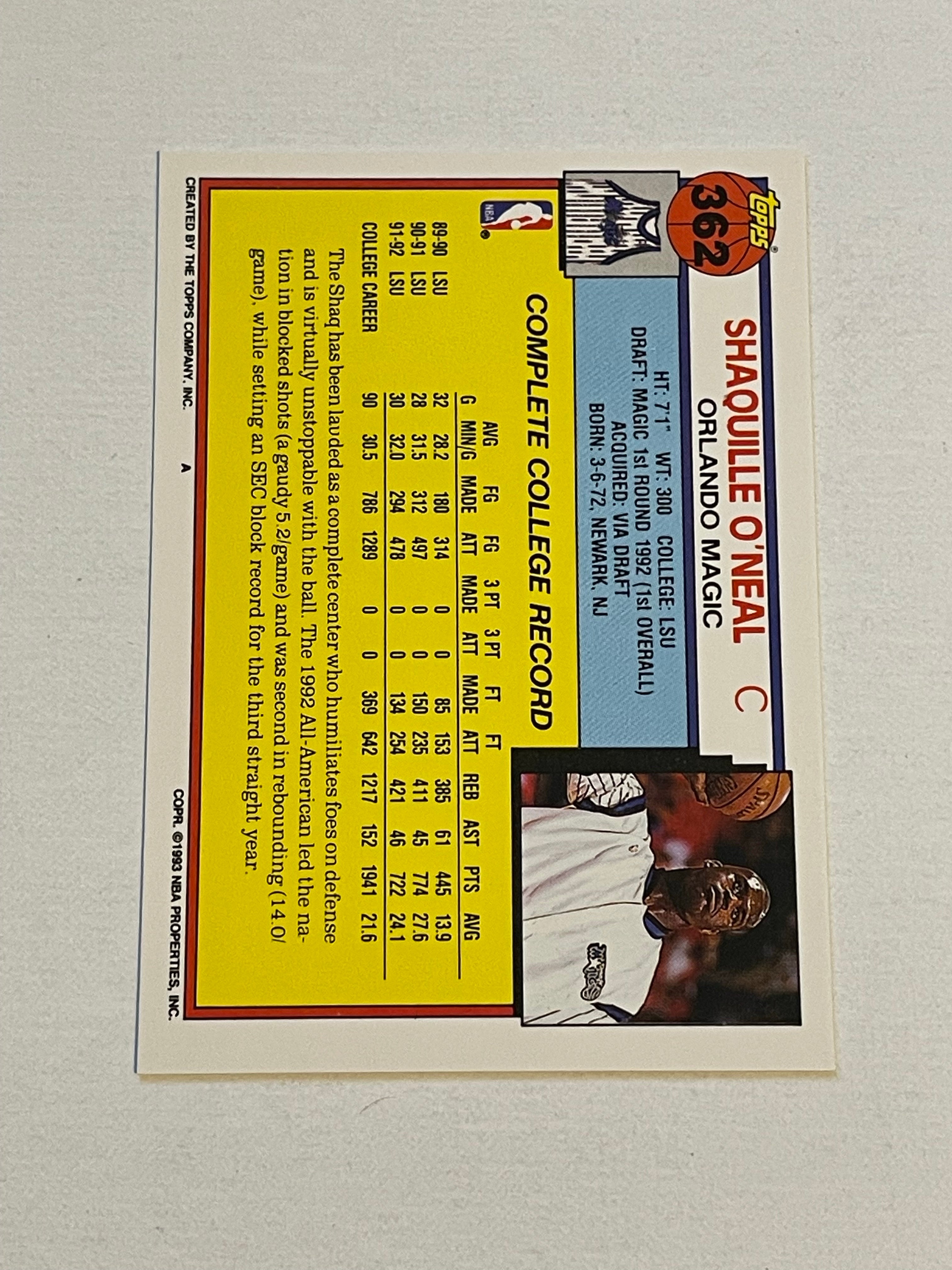 Shaq O’Neal Topps basketball high grade condition rookie card 1992