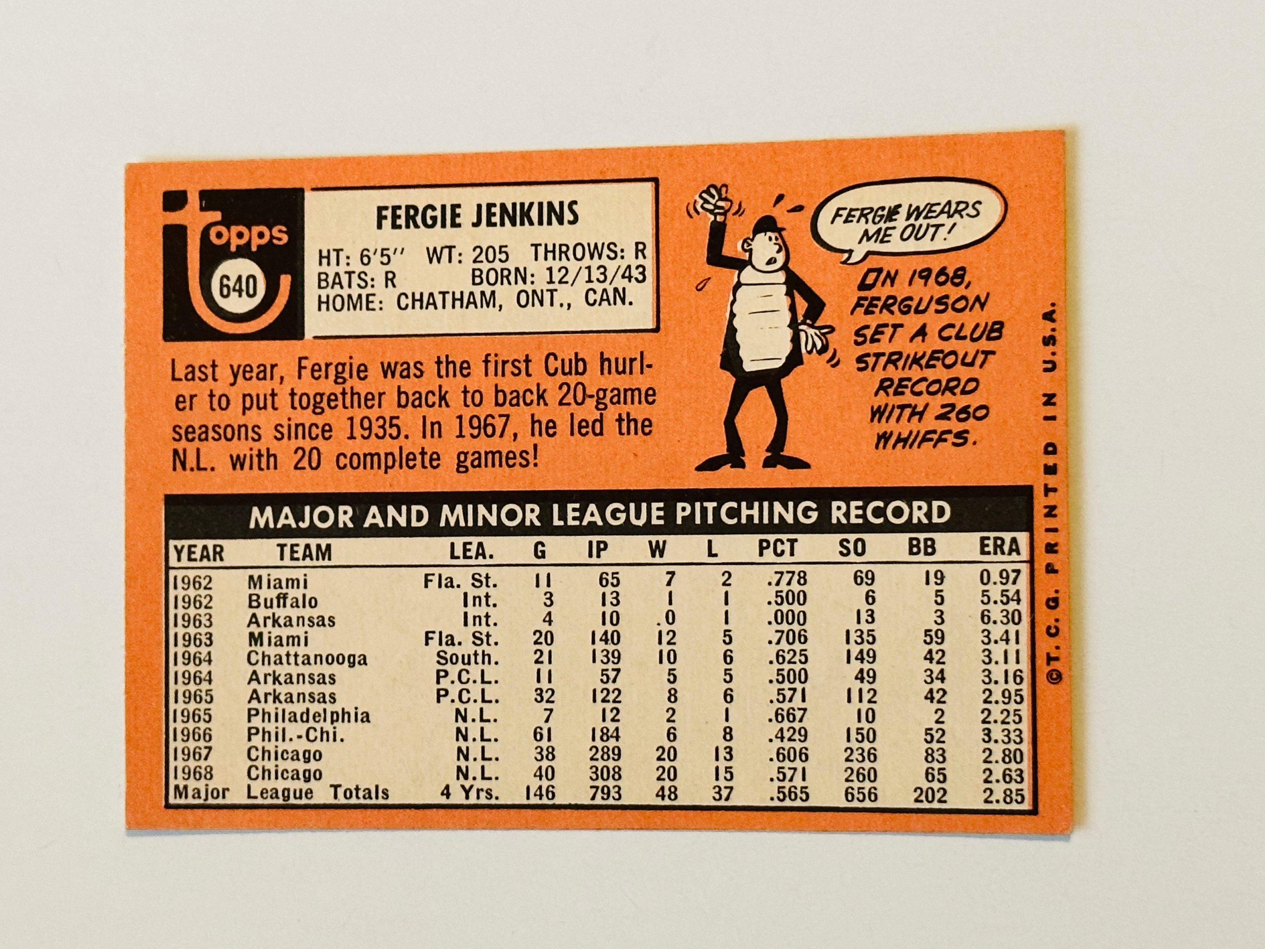 1969 Topps Fergie Jenkins high grade baseball card