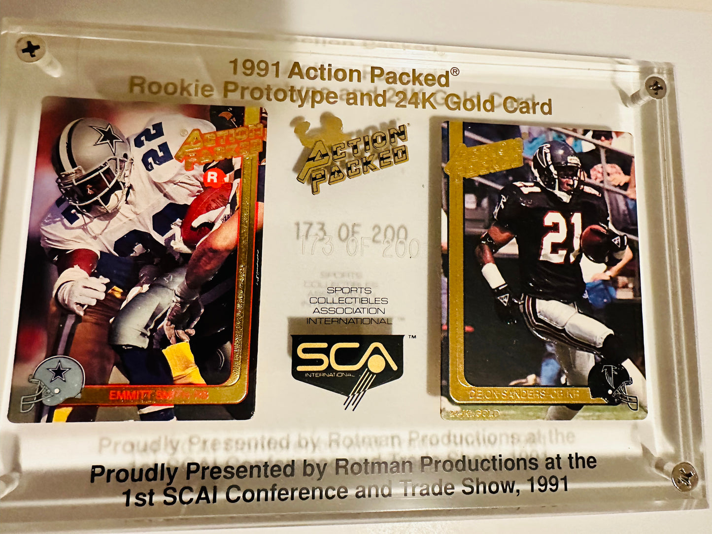 Action Packed rare SCA dinner numbered lucite football display with Emmitt Smith rookie promo #173/200