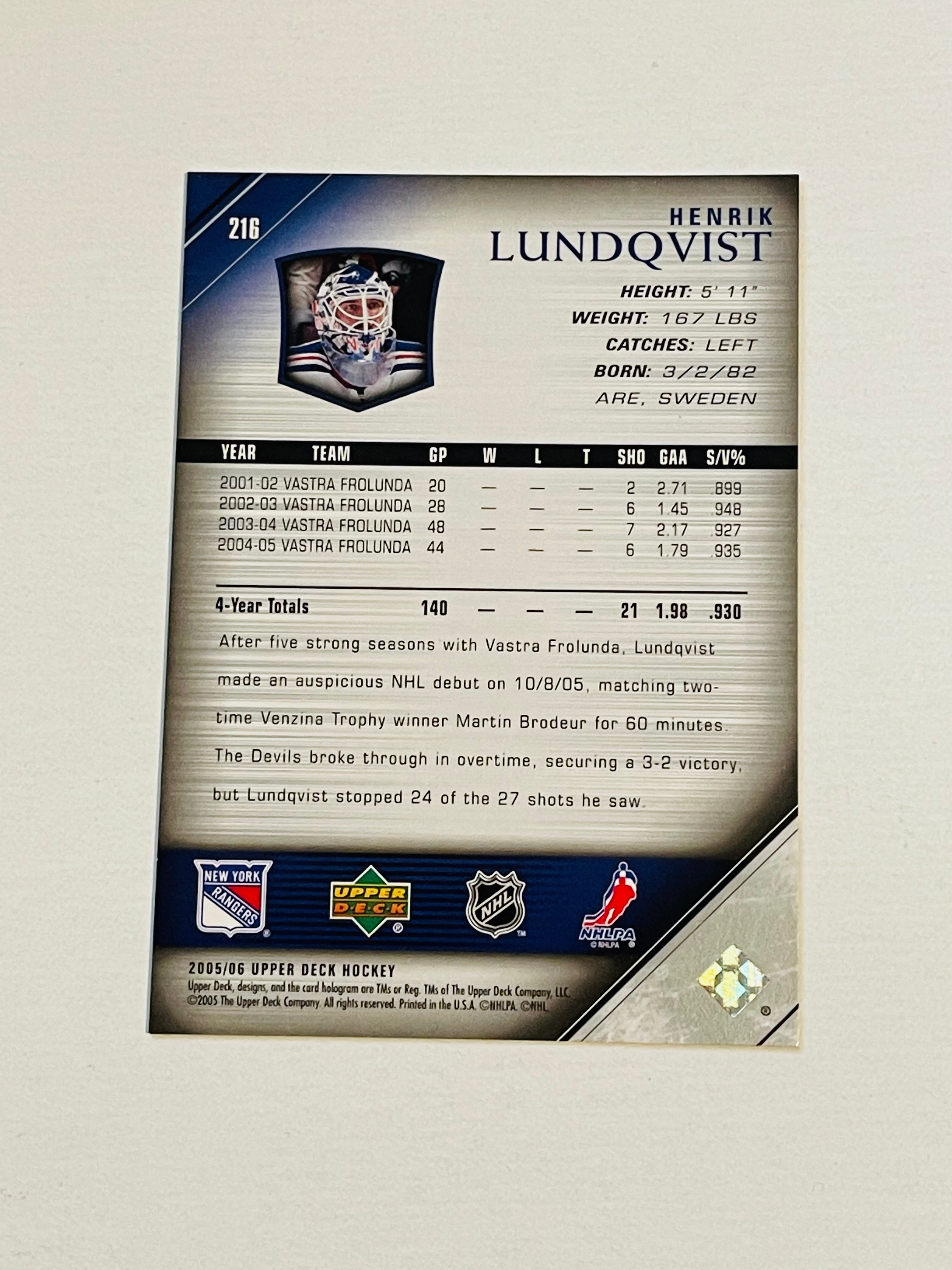 Henrik Lundqvist Upper Deck hockey rookie card 2005