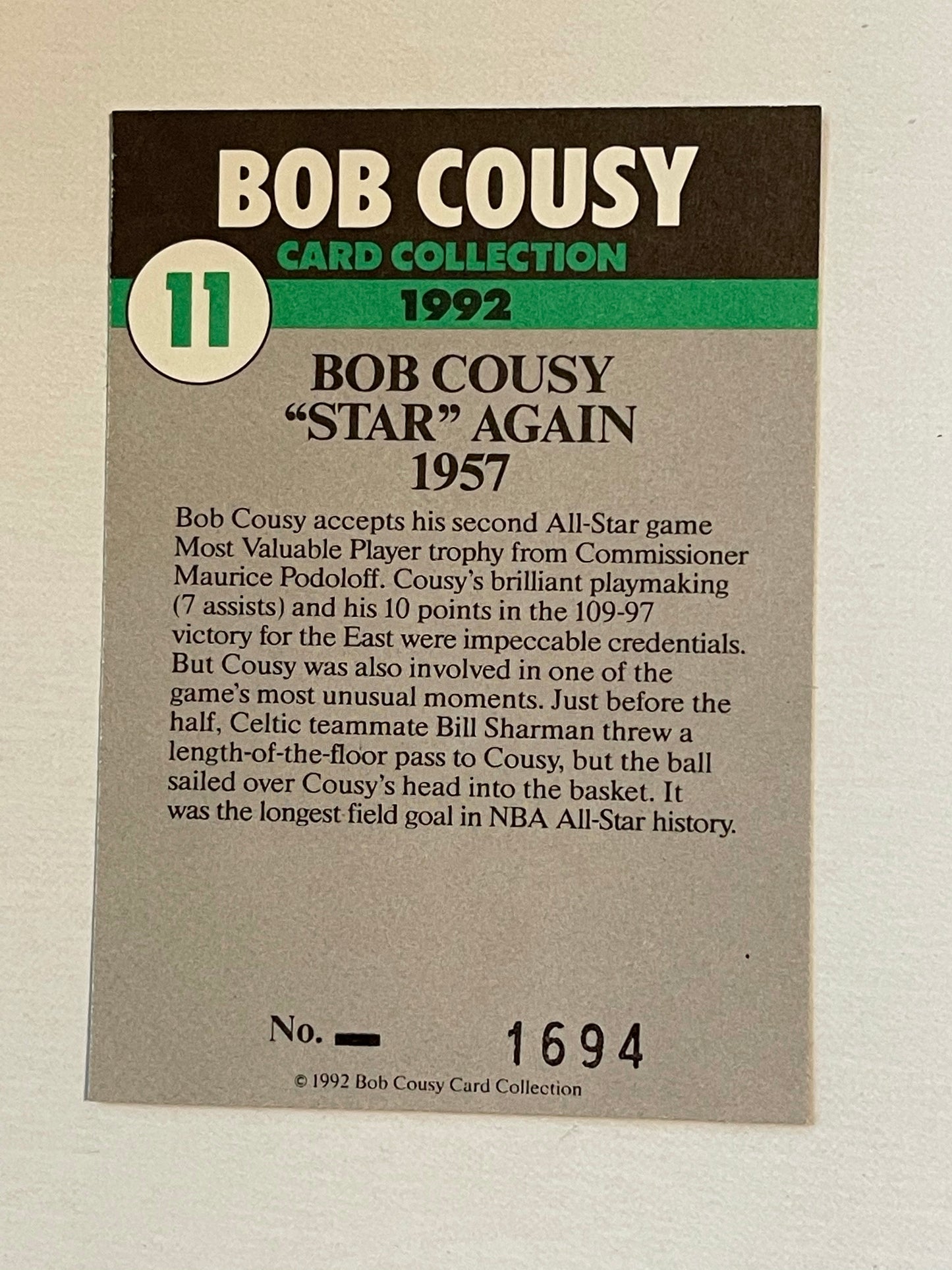 Bob Cousy Boston Celtics basketball legend autograph card with COA