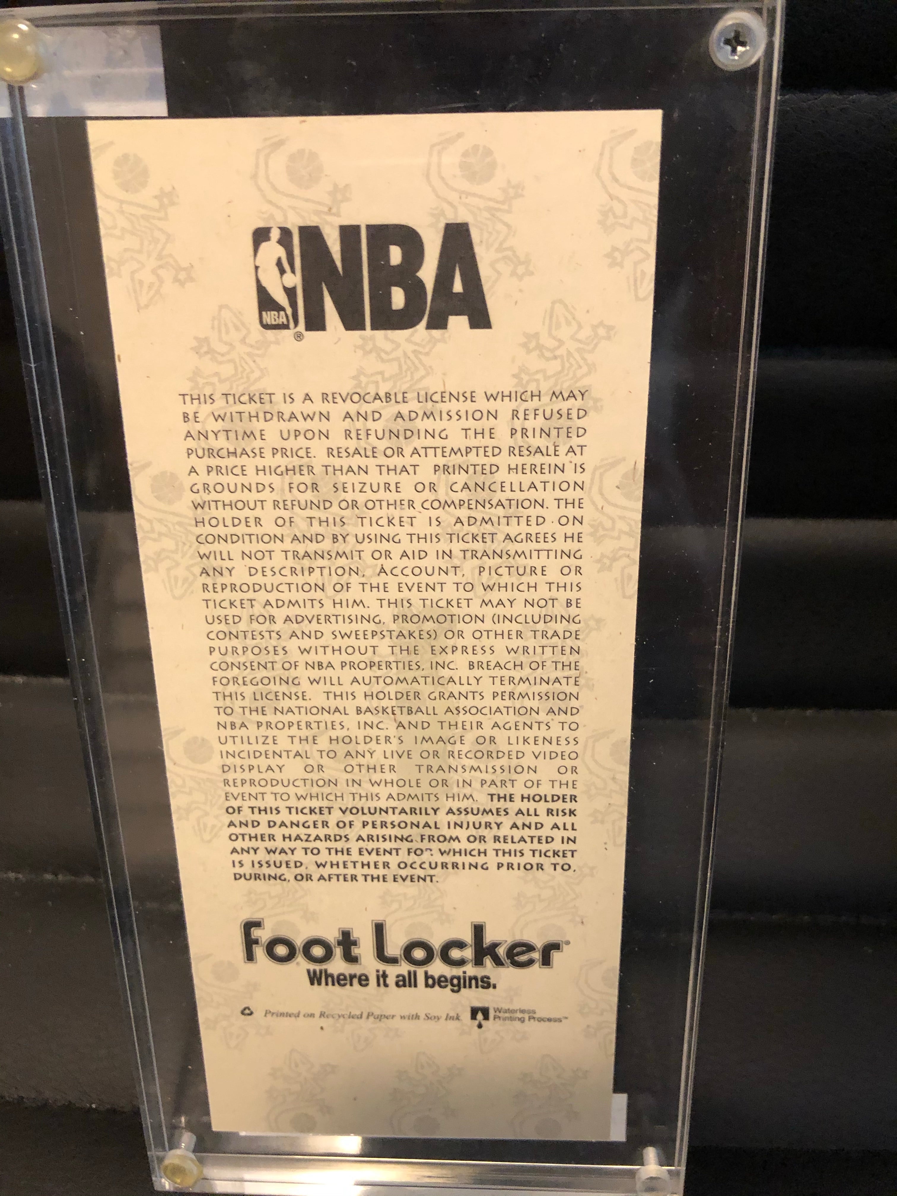 1995 NBA All Star game ticket in lucite holder