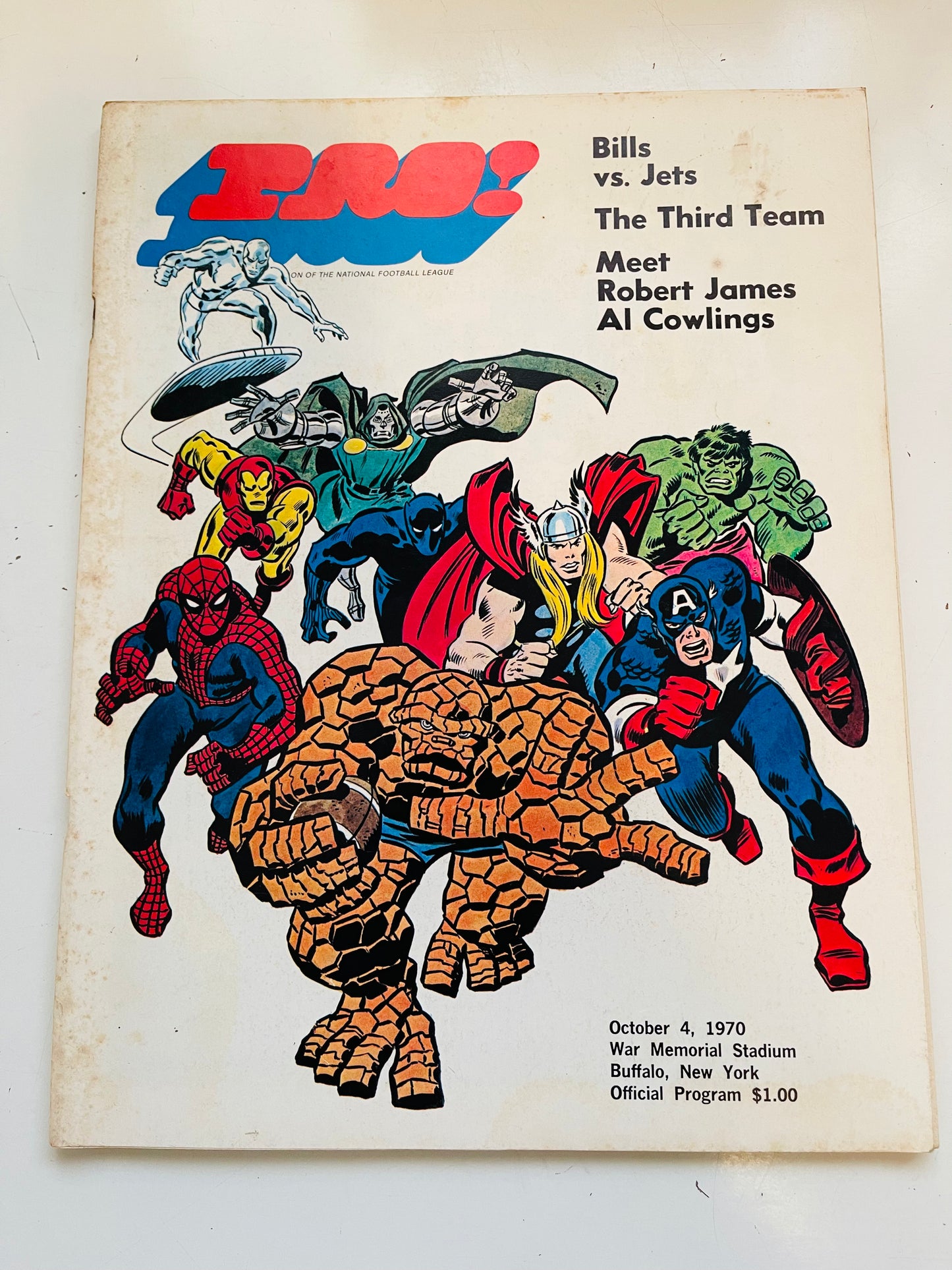 Buffalo Bills vs Jets football program with Marvel comics characters 1970