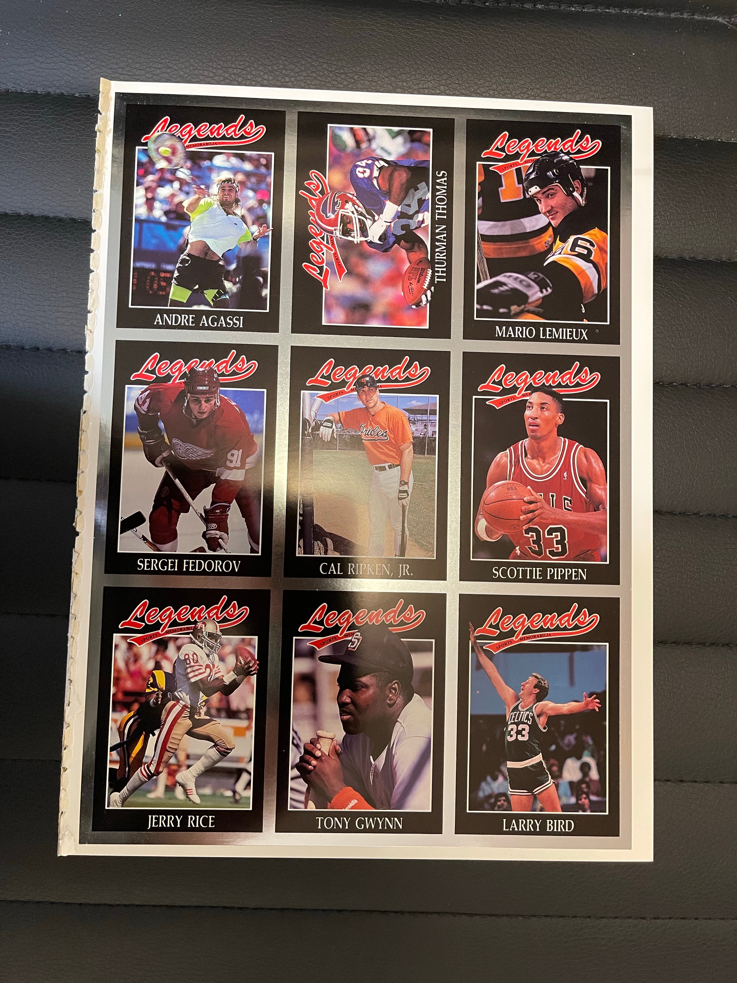 Legends sports cards uncut sheet ,Larry Bird, Lemieux and Andre Agassi and more