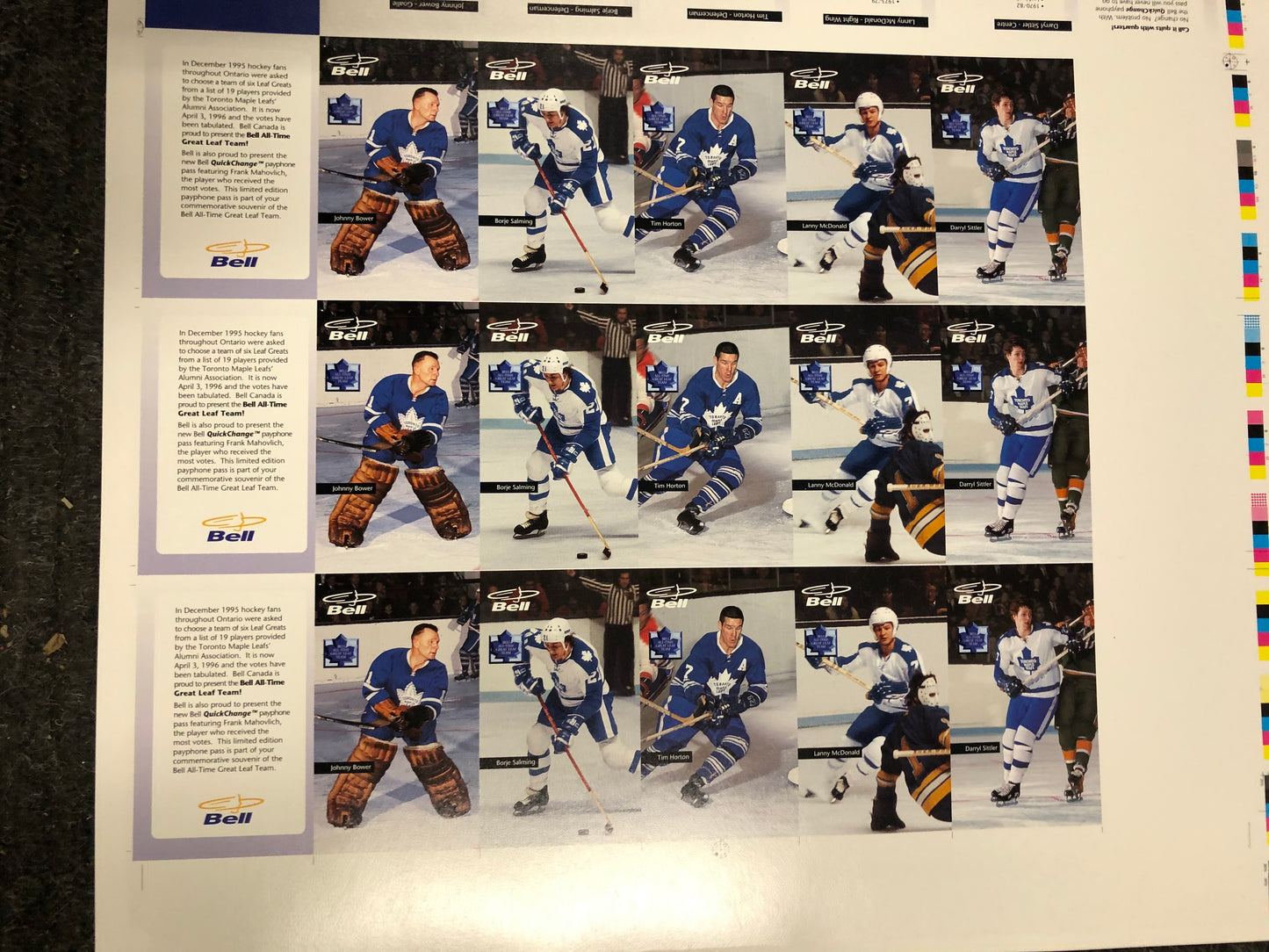 Toronto Maple Leafs hockey rare Bell Mobility uncut hockey cards sheet 1996