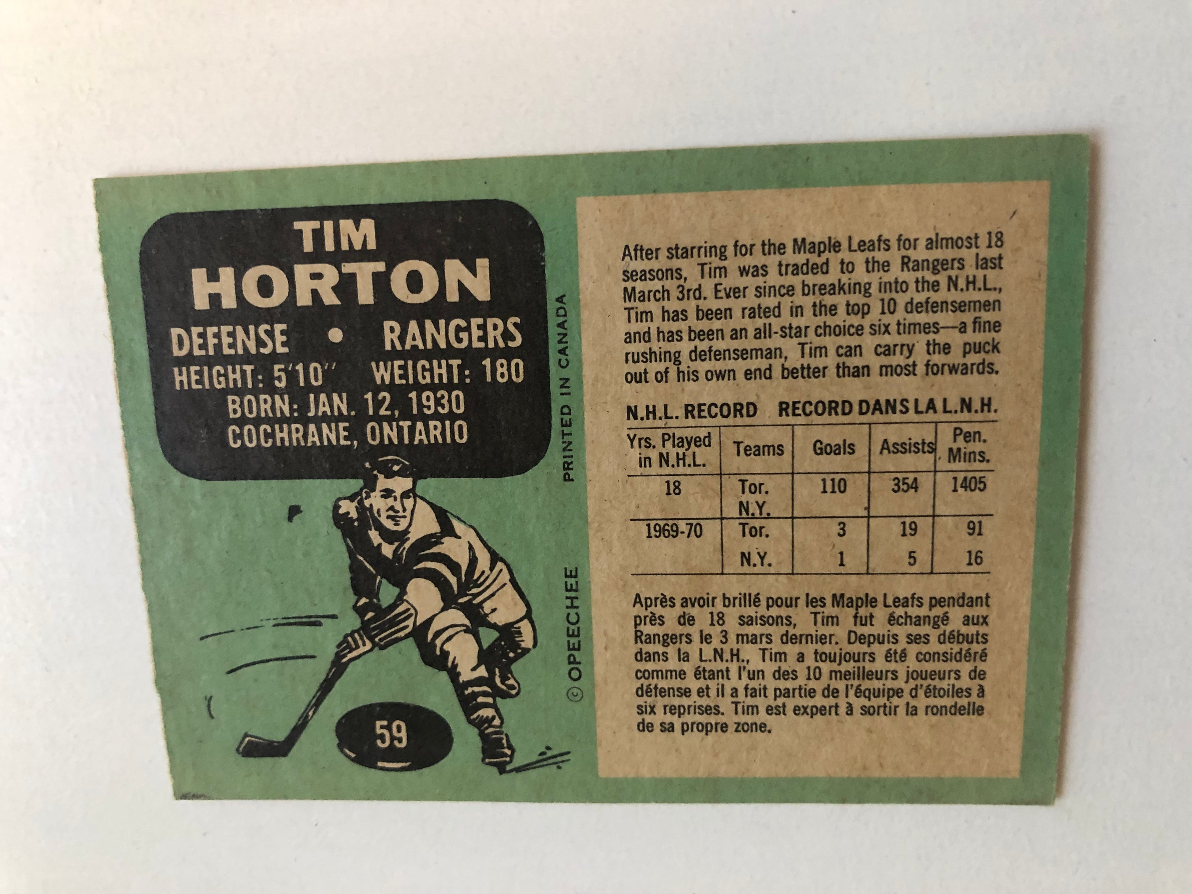 Tim Horton Toronto Maple Leafs opc hockey card 1970