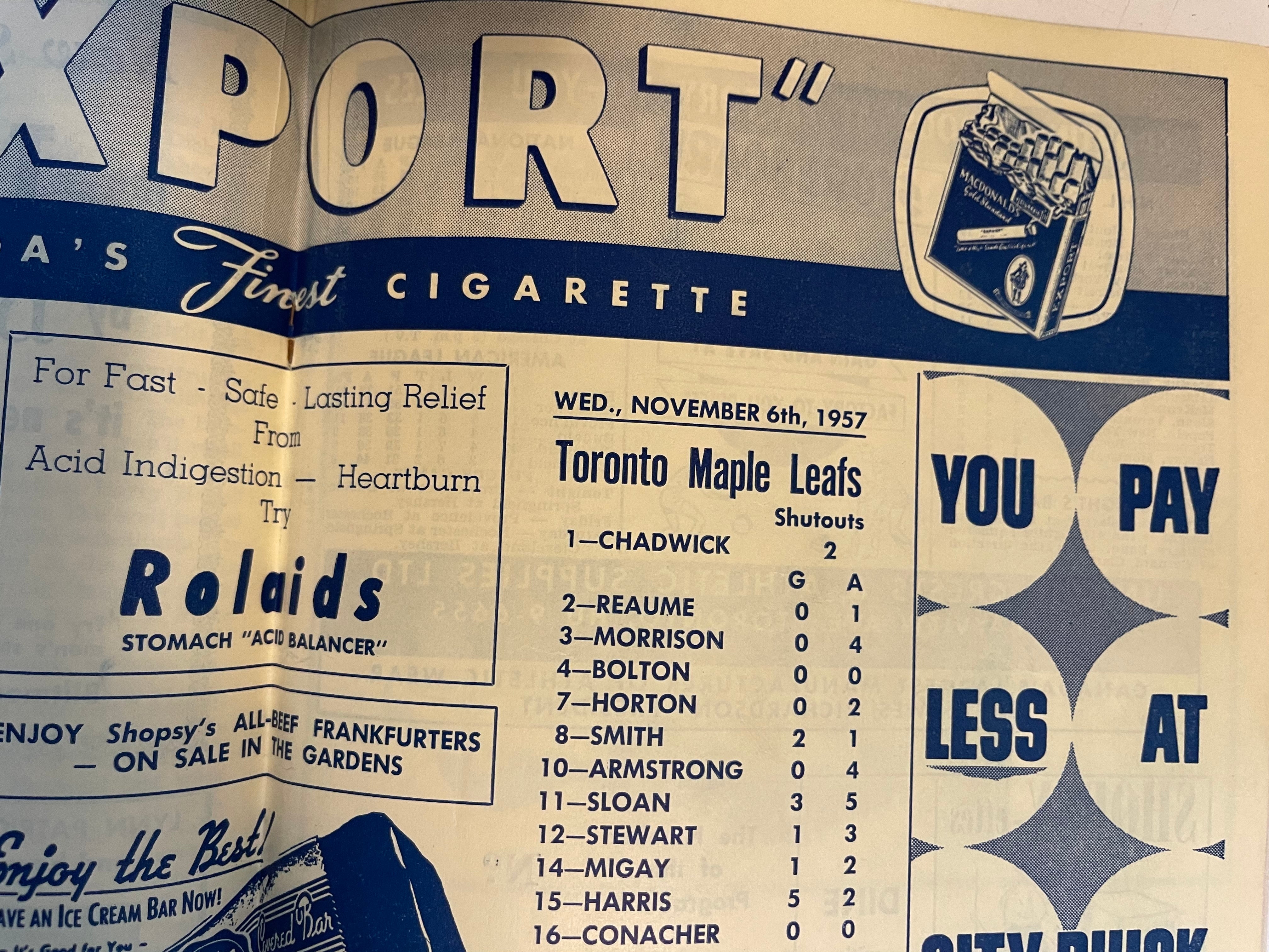 Maple Leaf Gardens hockey game program Nov 6.,1957