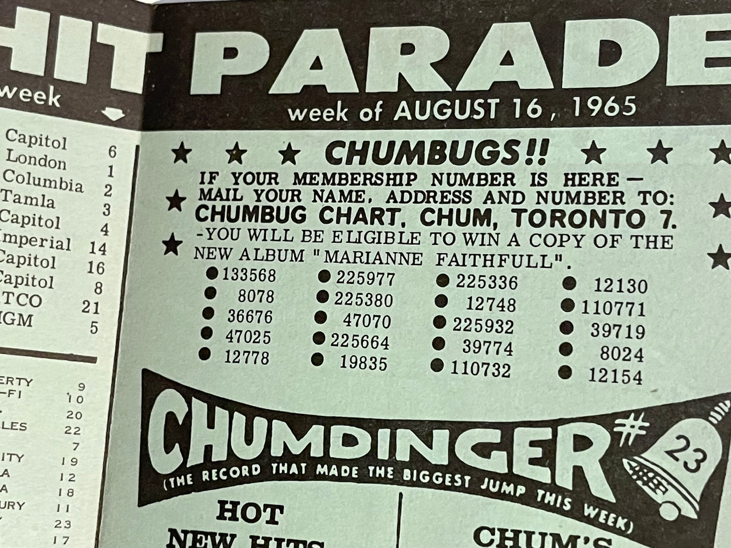 Beatles Chum chart Aug. 16, 1965