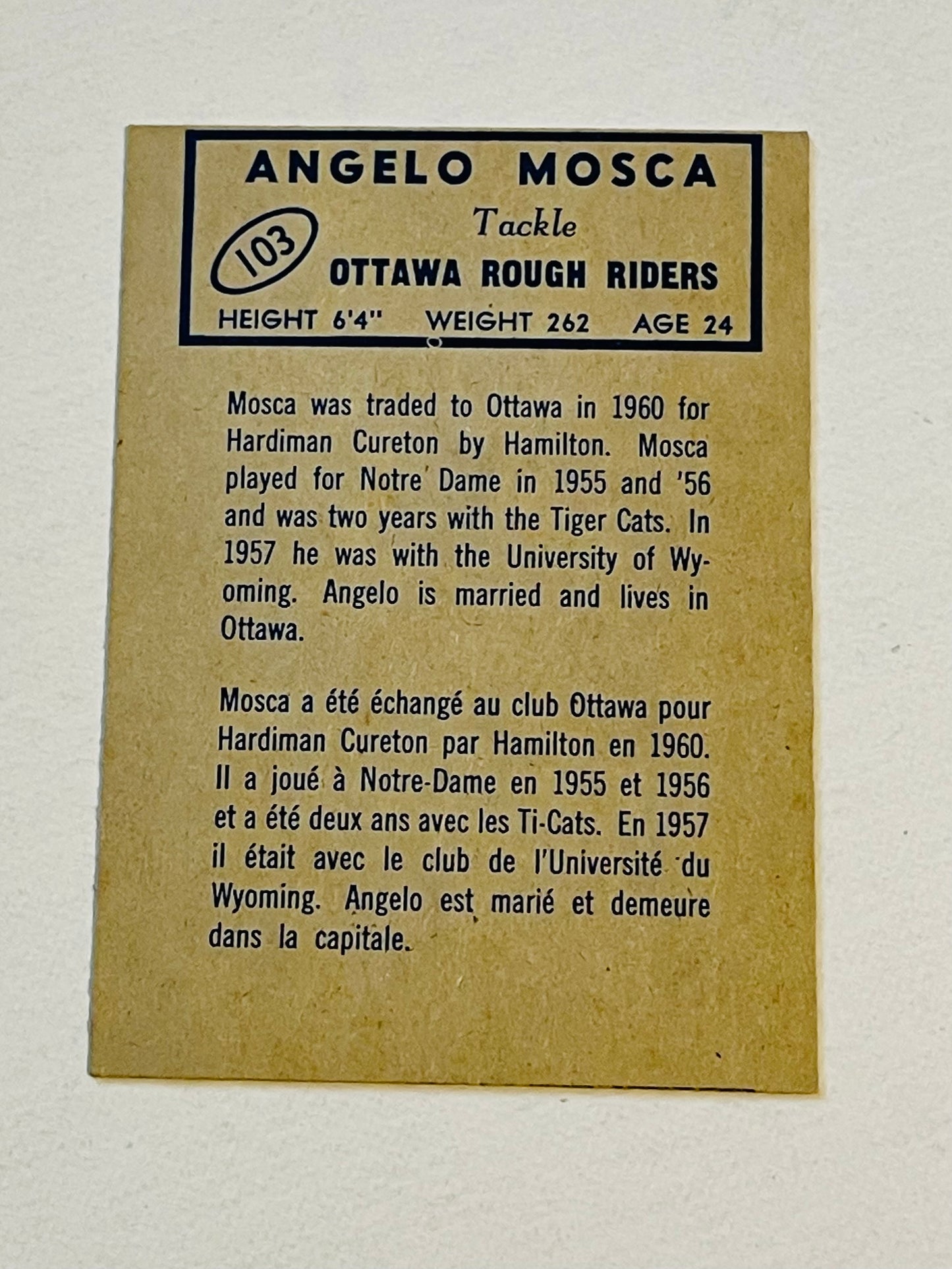 Angelo Mosca rare CFL opc football card 1962