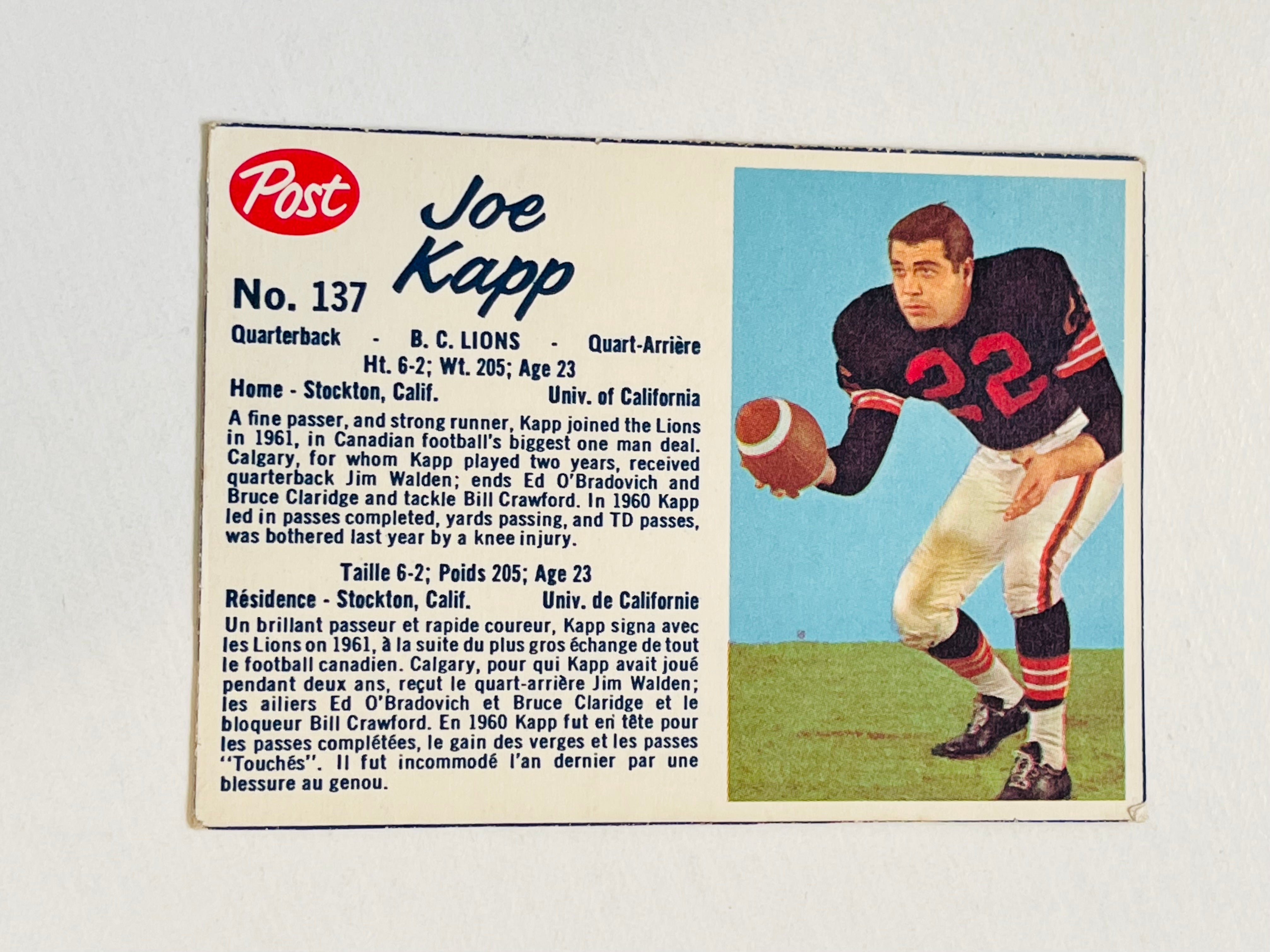 1962 Post CFL football Joe Kapp card