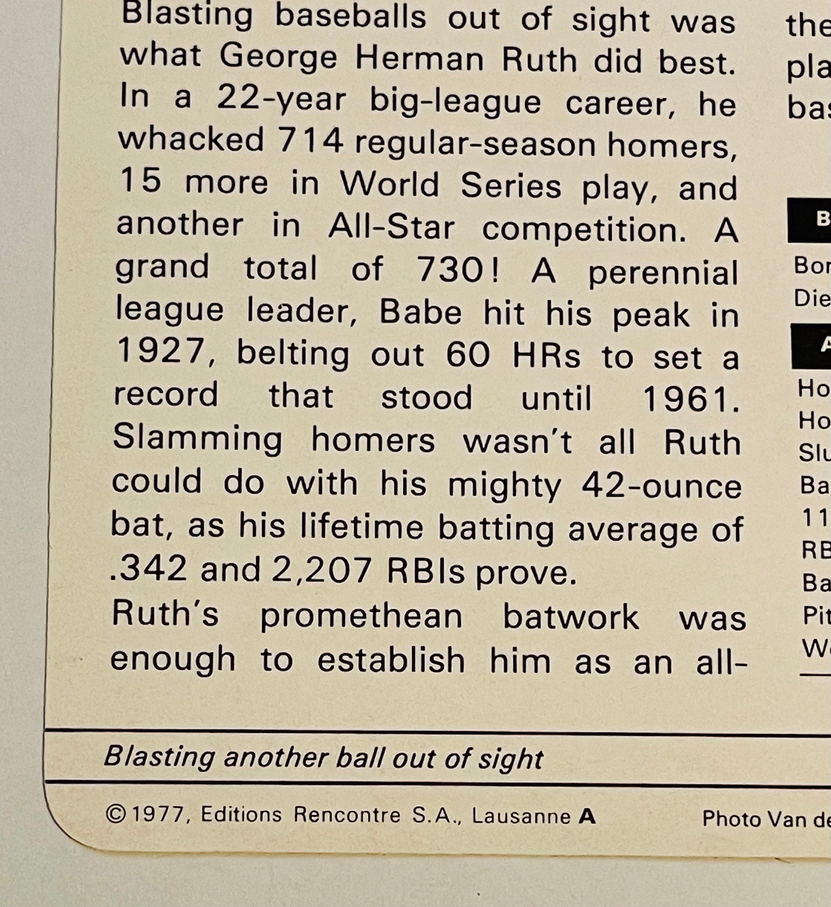 Babe Ruth 5x7 baseball card from Italy 1977