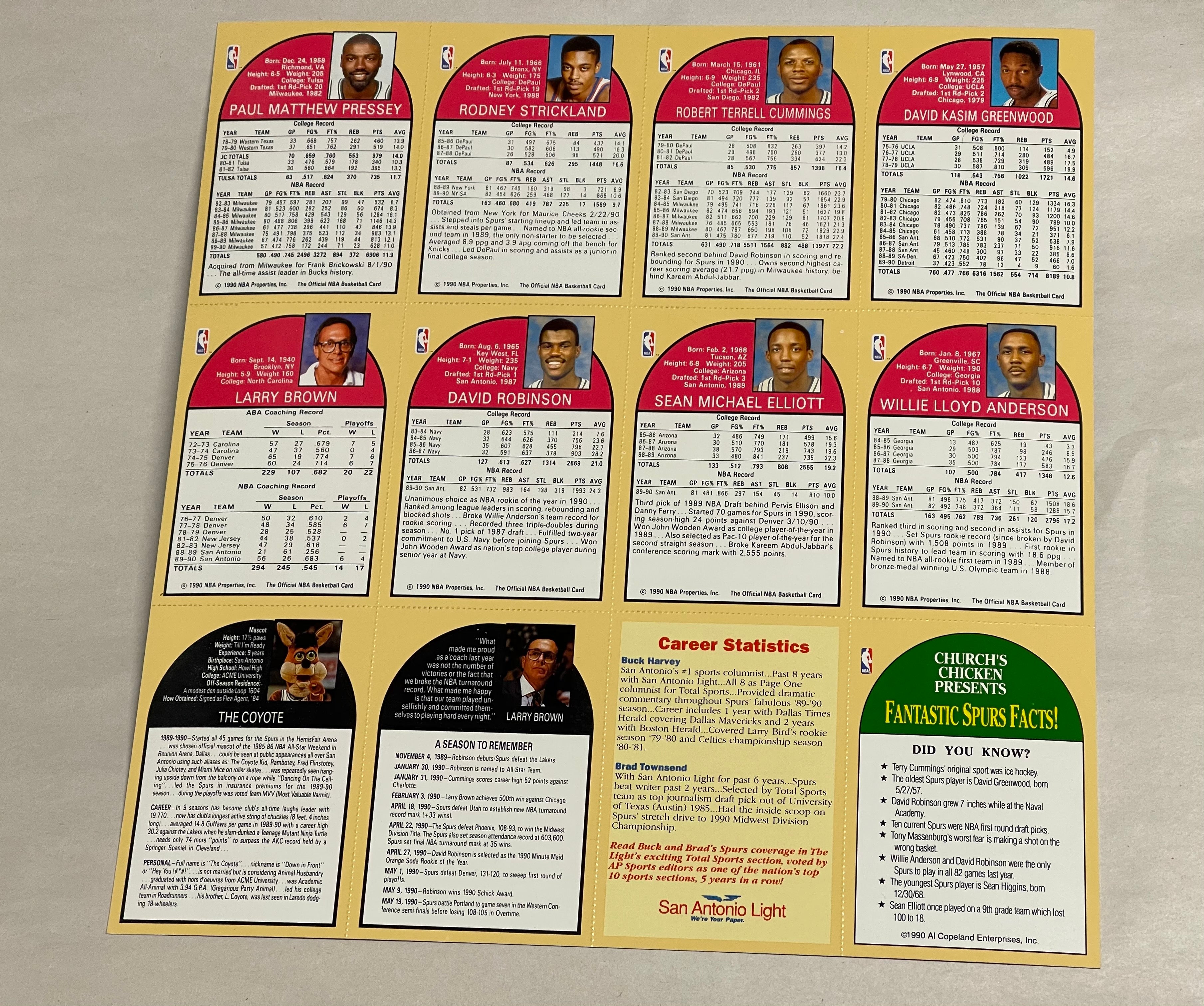 David Robinson Rookie Hoops basketball Church’s Chicken uncut cards sheet