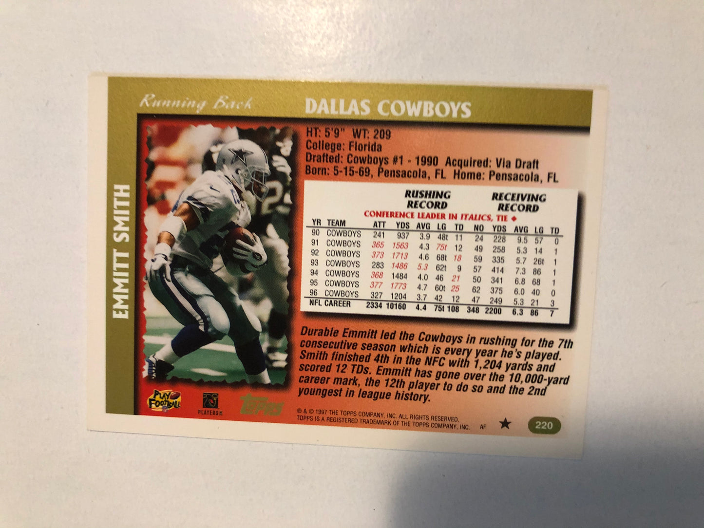 Emmitt Smith Dallas Cowboys football legend signed card with COA