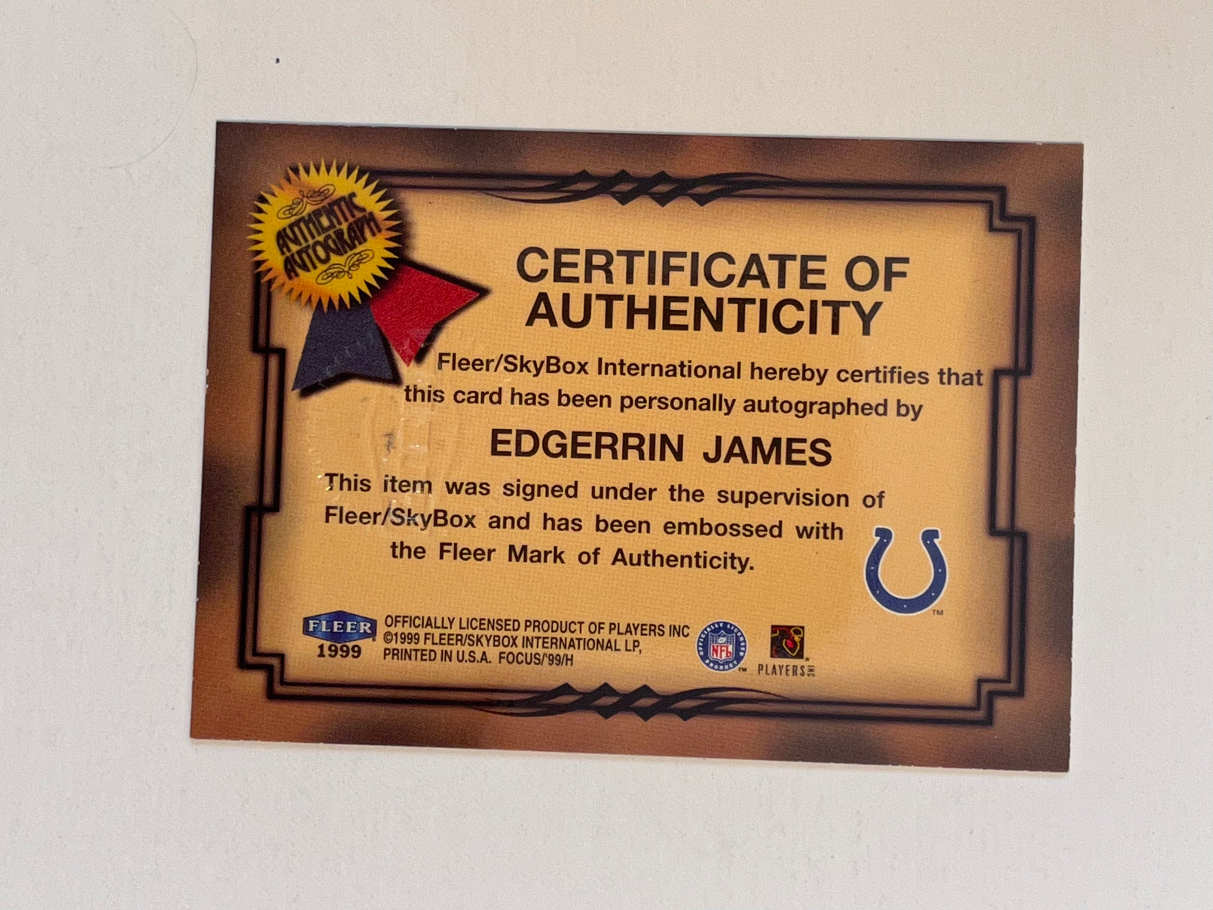 Edgerrin James Fleer football autograph insert card