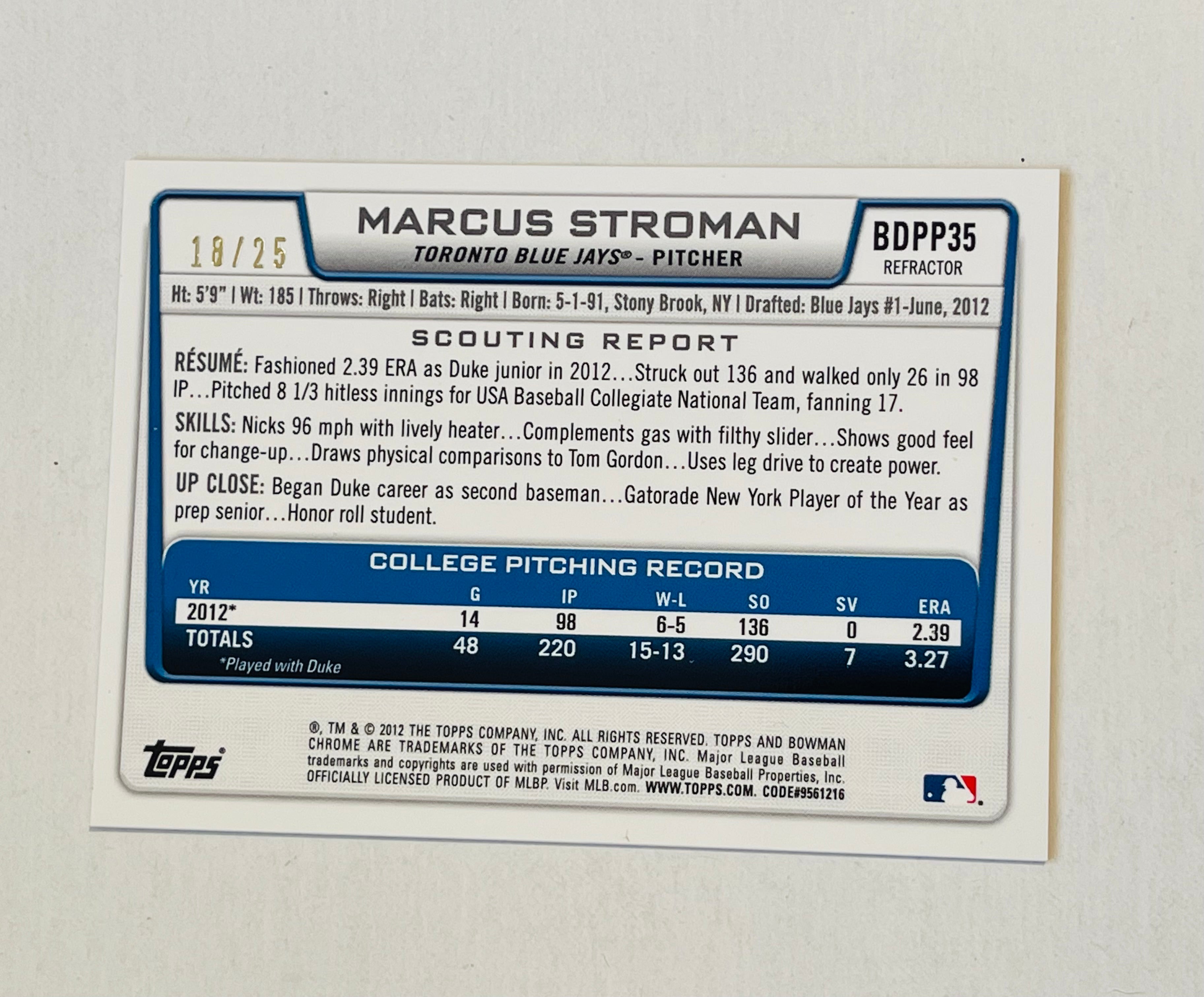 Toronto Blue Jays Marcus Stroman Bowman Chrome rookie baseball card 2012