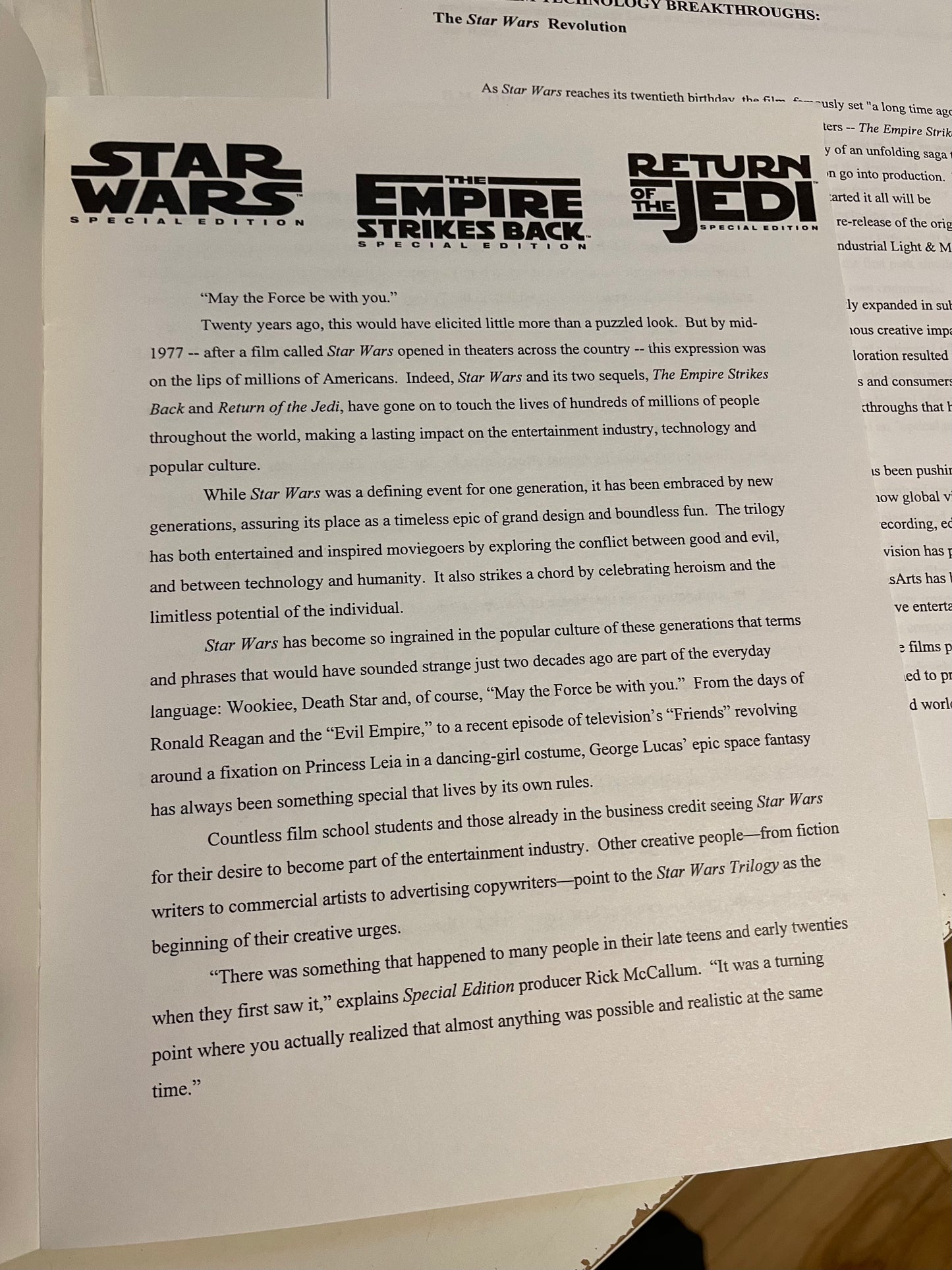 Star Wars Trilogy rare press kit with photos 1997