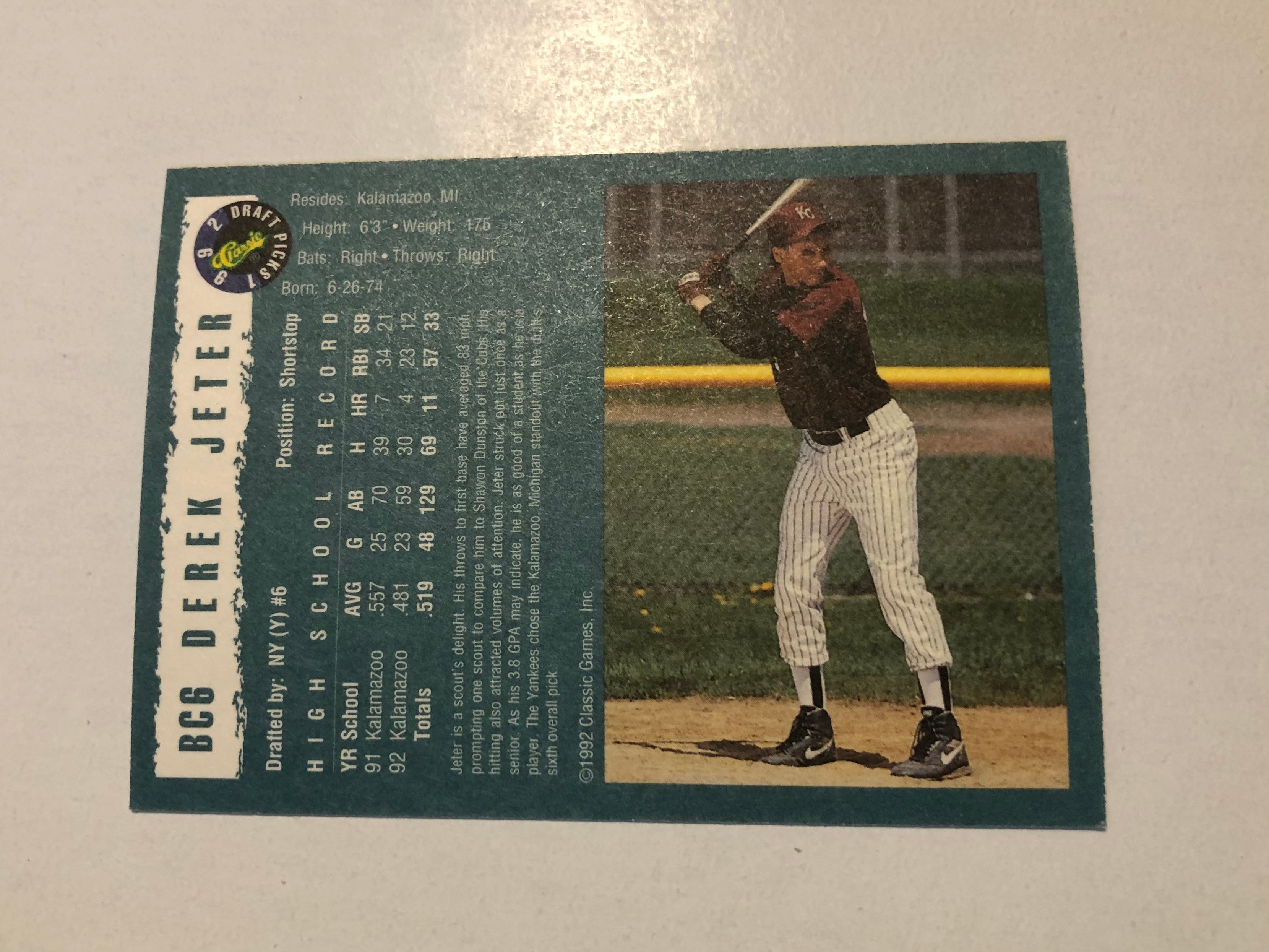 Derek Jeter Classic baseball rookie card 1992