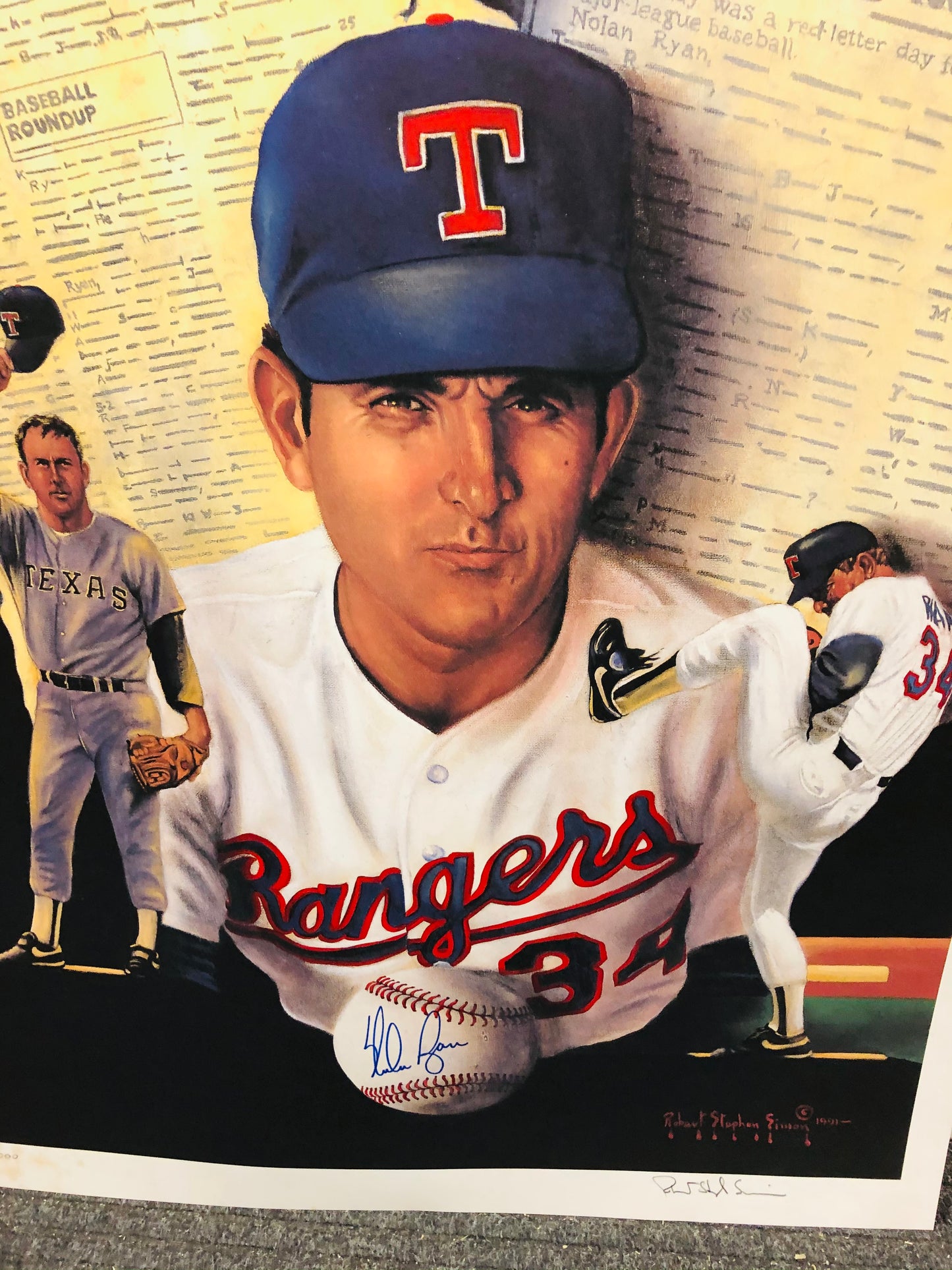 Nolan Ryan rare signed in person and by the artist large baseball lithograph print. Sold with COA