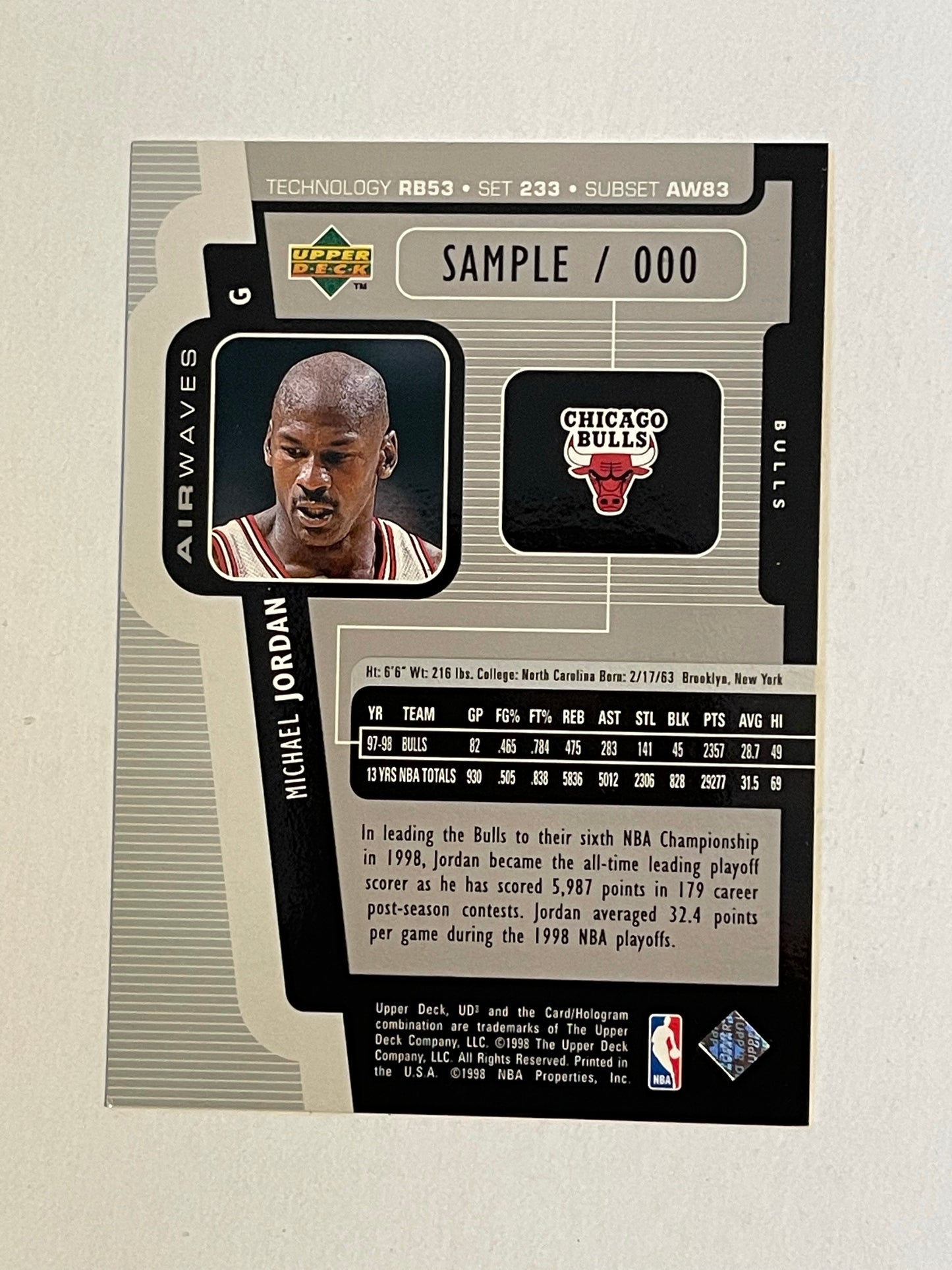 Michael Jordan rare Upper Deck UD3 foil promo card 1998