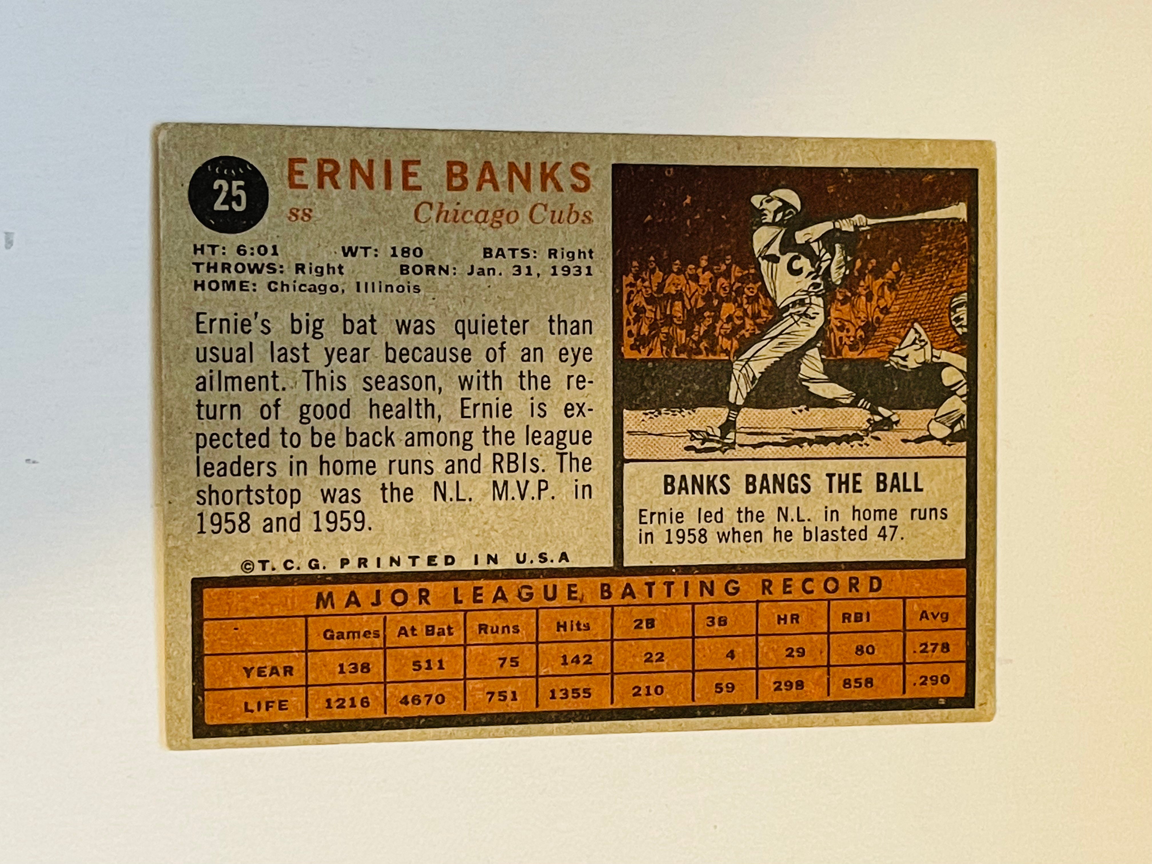 Ernie Banks Topps ex condition baseball card 1962