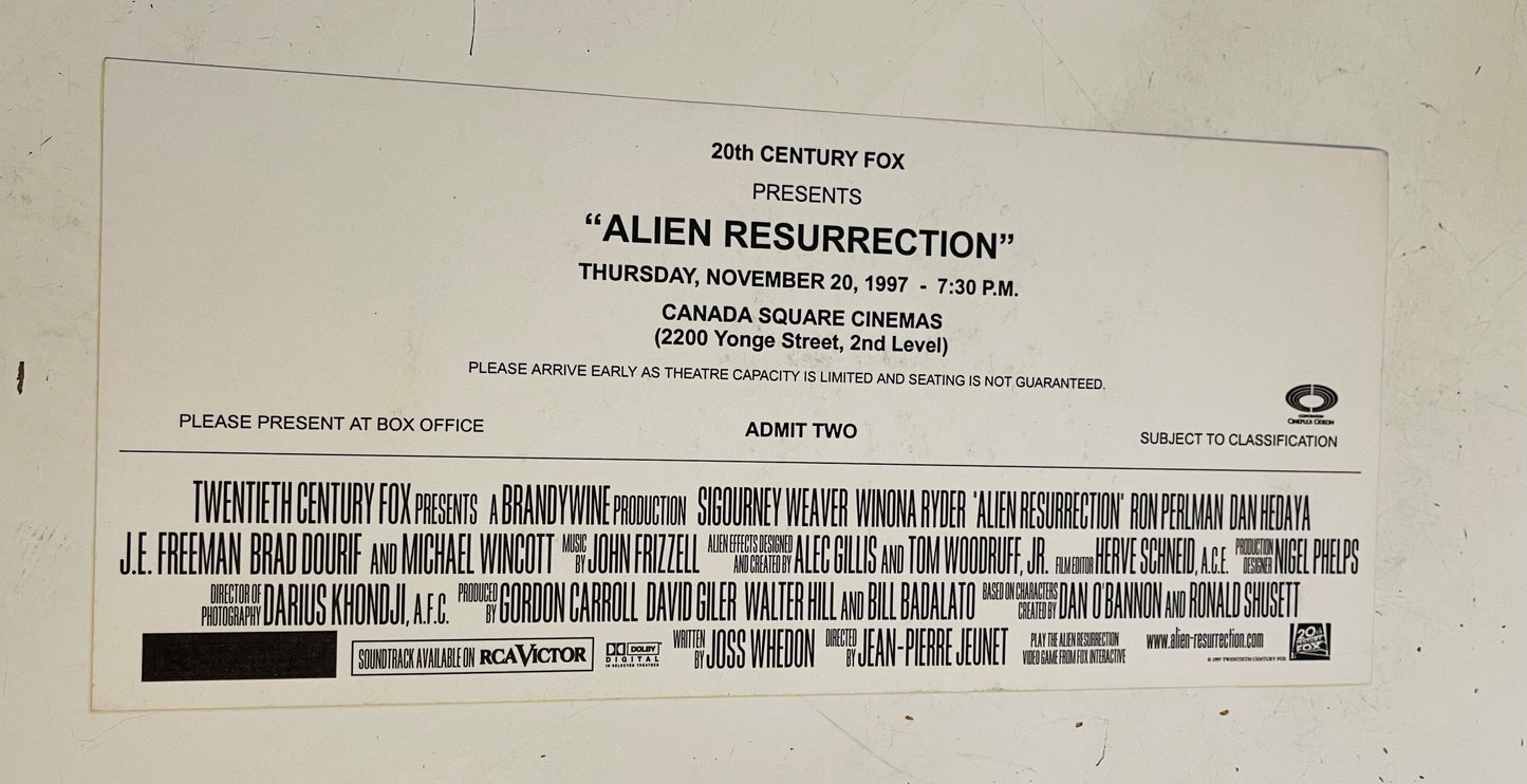 Alien Resurrection rare movie opening night pass