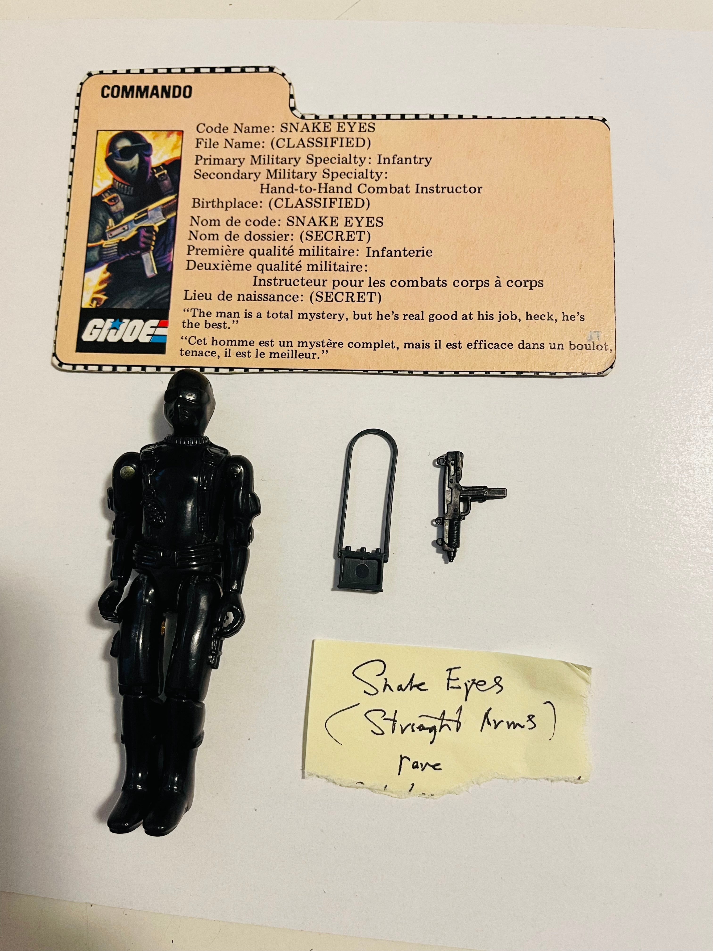 GI Joe Snake Eyes straight arm rare vintage figure with card and accessories 1982