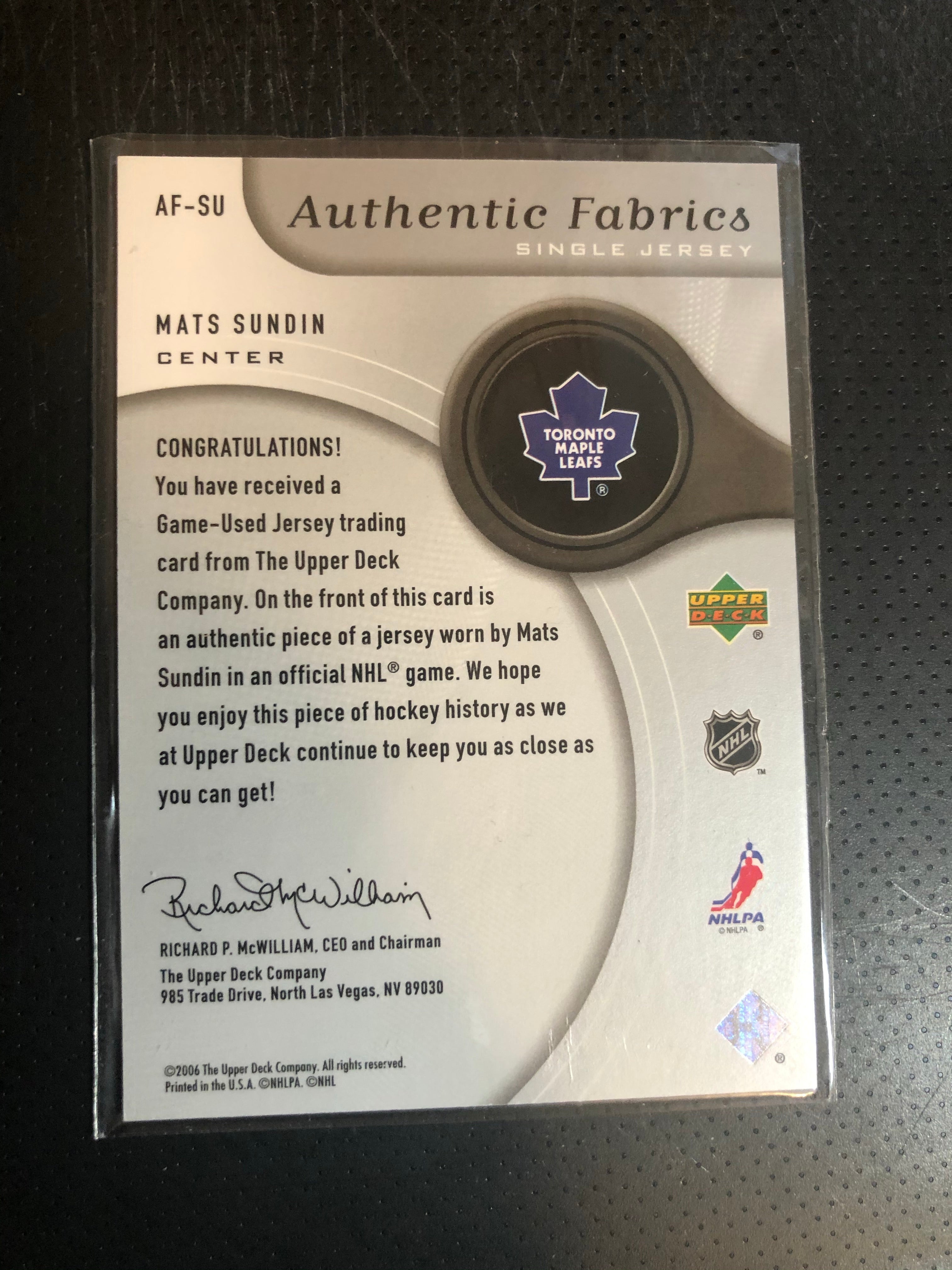 Toronto Maple Leafs Mats Sundin memorabilia insert hockey card