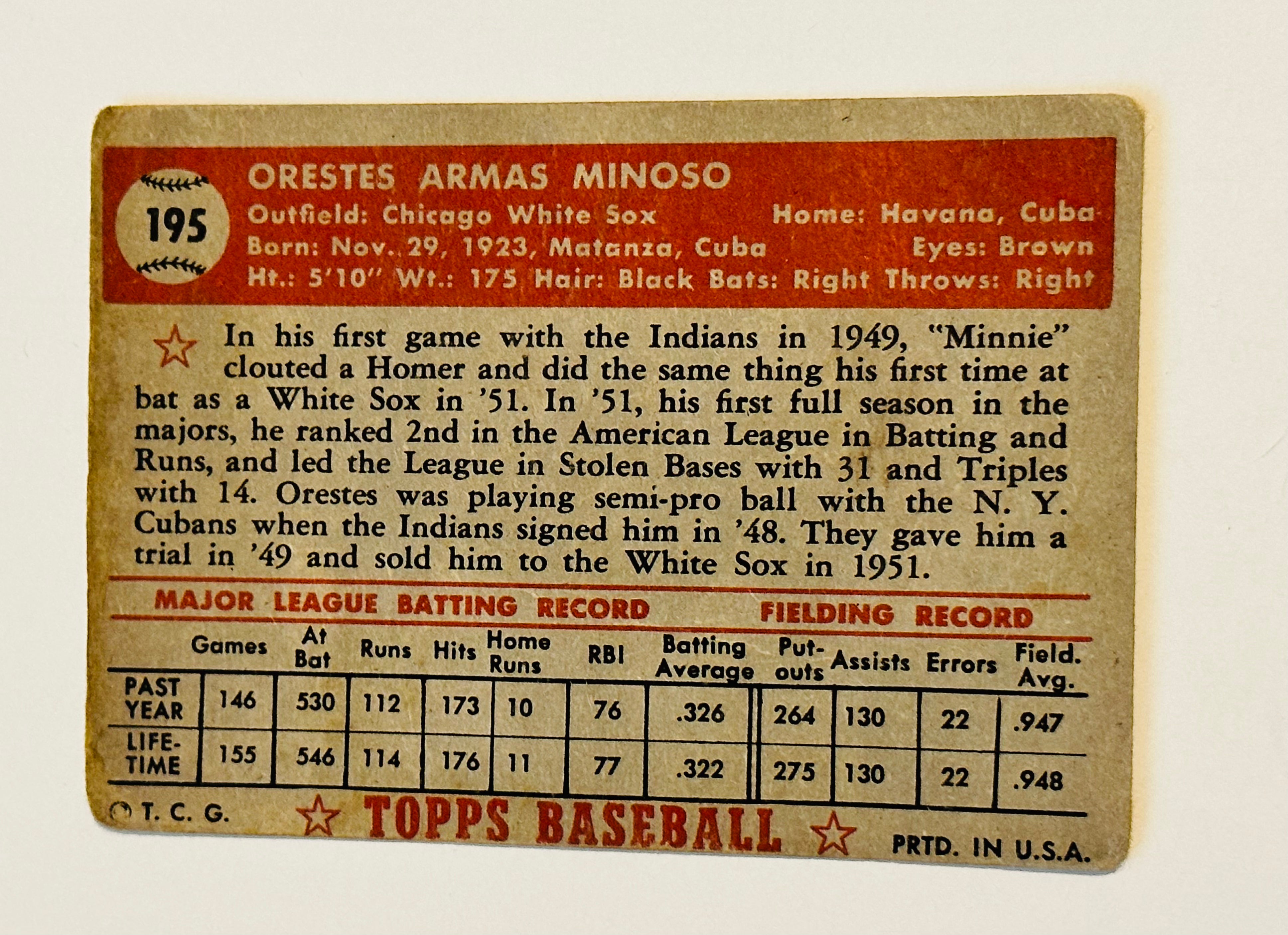 1952 Topps Baseball Orestes Minnie Minoso baseball creased rookie card