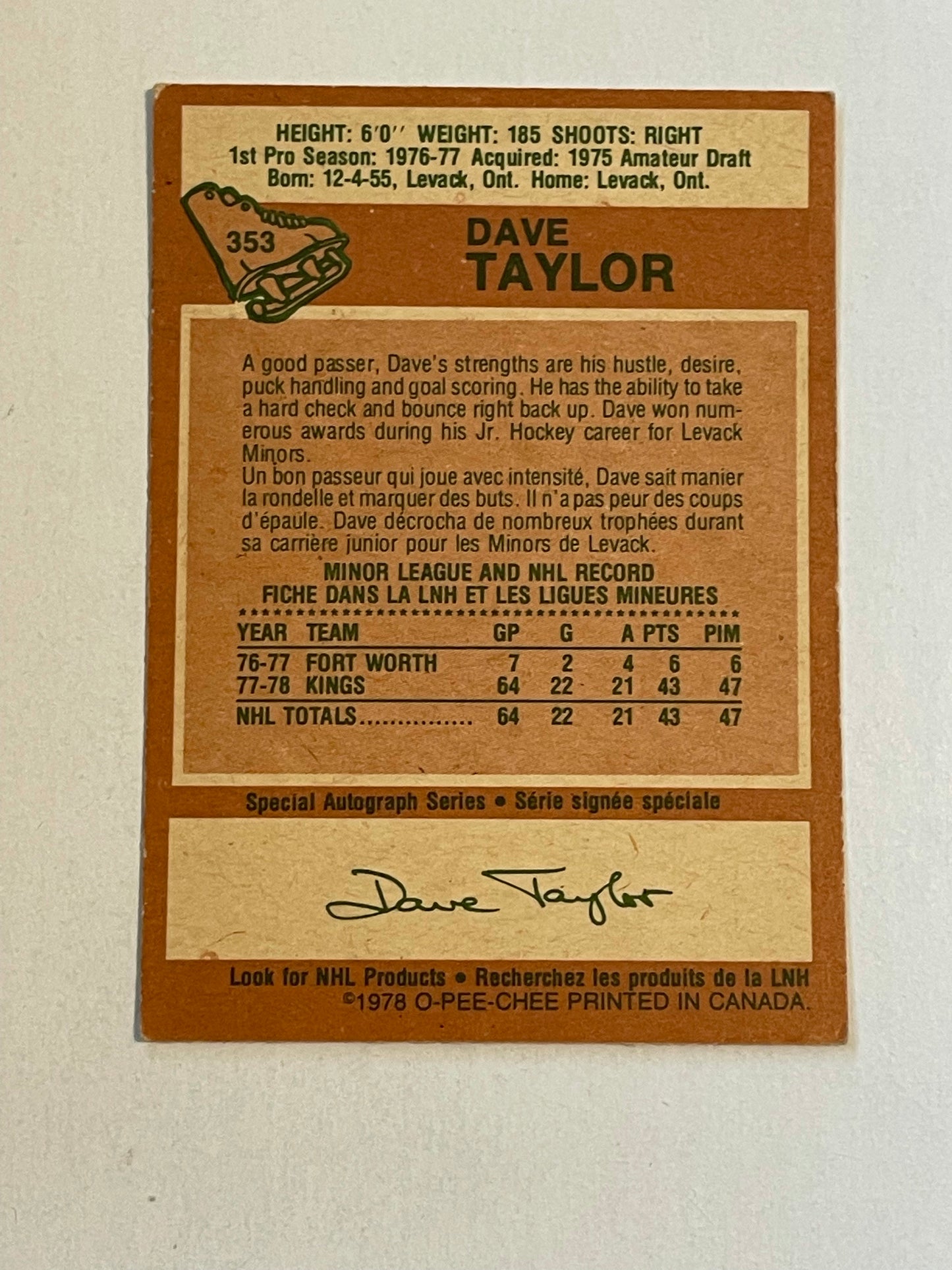 Dave Taylor opc hockey rookie card 1978-79