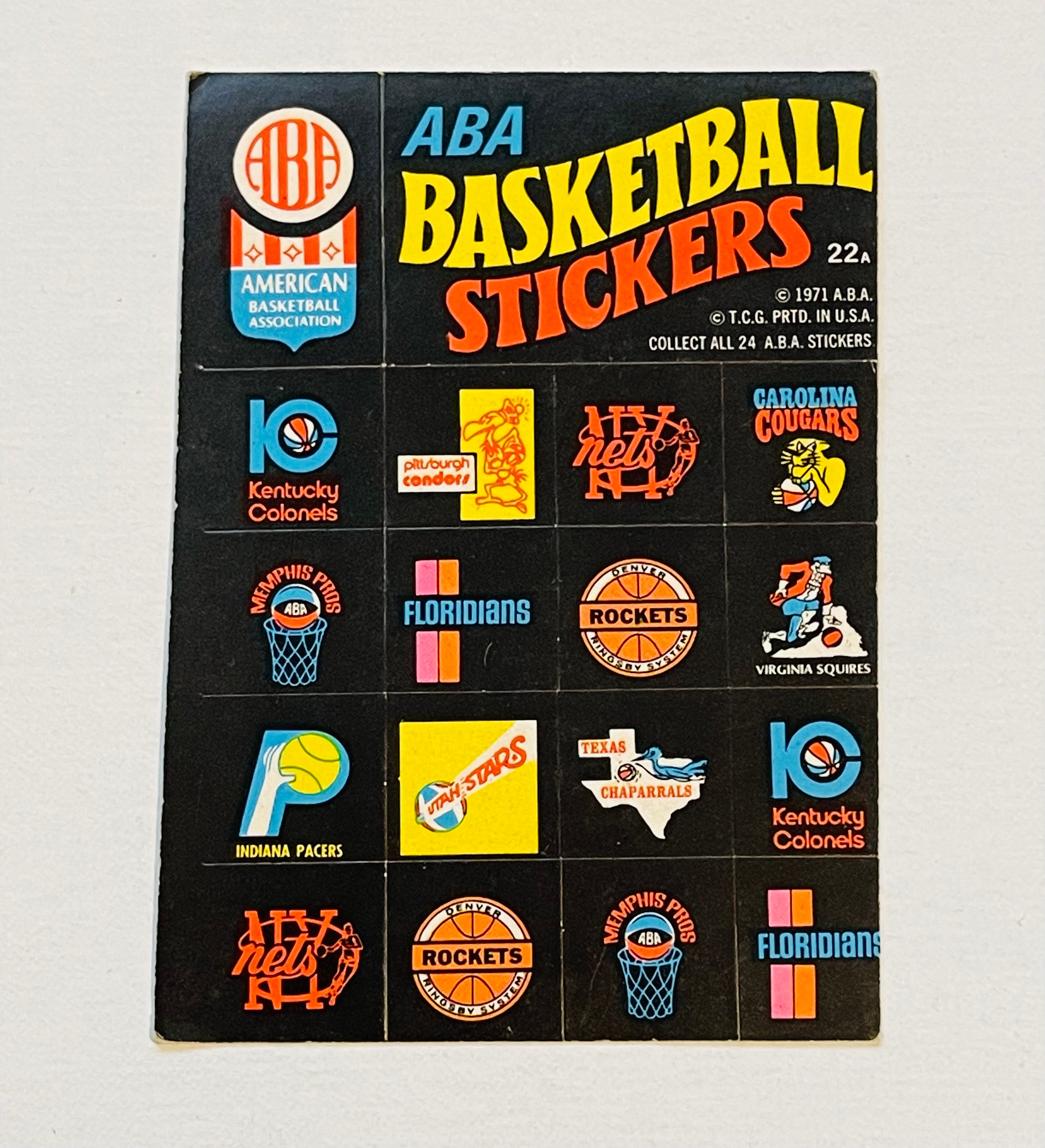 ABA Topps basketball team logos rare sticker card 1971