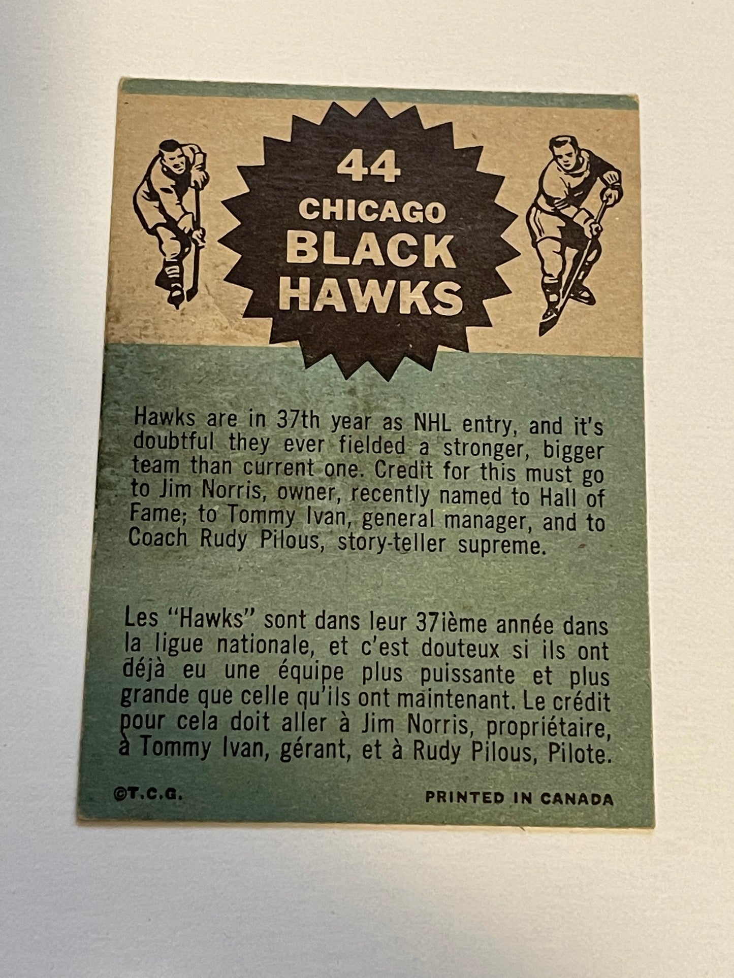 Chicago Black Hawks team Topps hockey card 1962