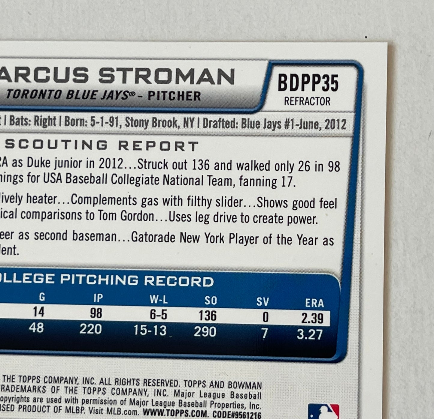 Toronto Blue Jays Marcus Stroman Bowman Chrome rookie baseball card 2012