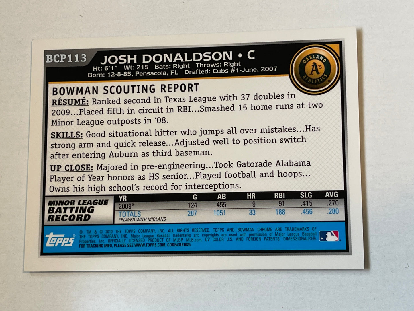 Josh Donaldson Blue Jays Bowman Chrome autograph rookie insert card 2010