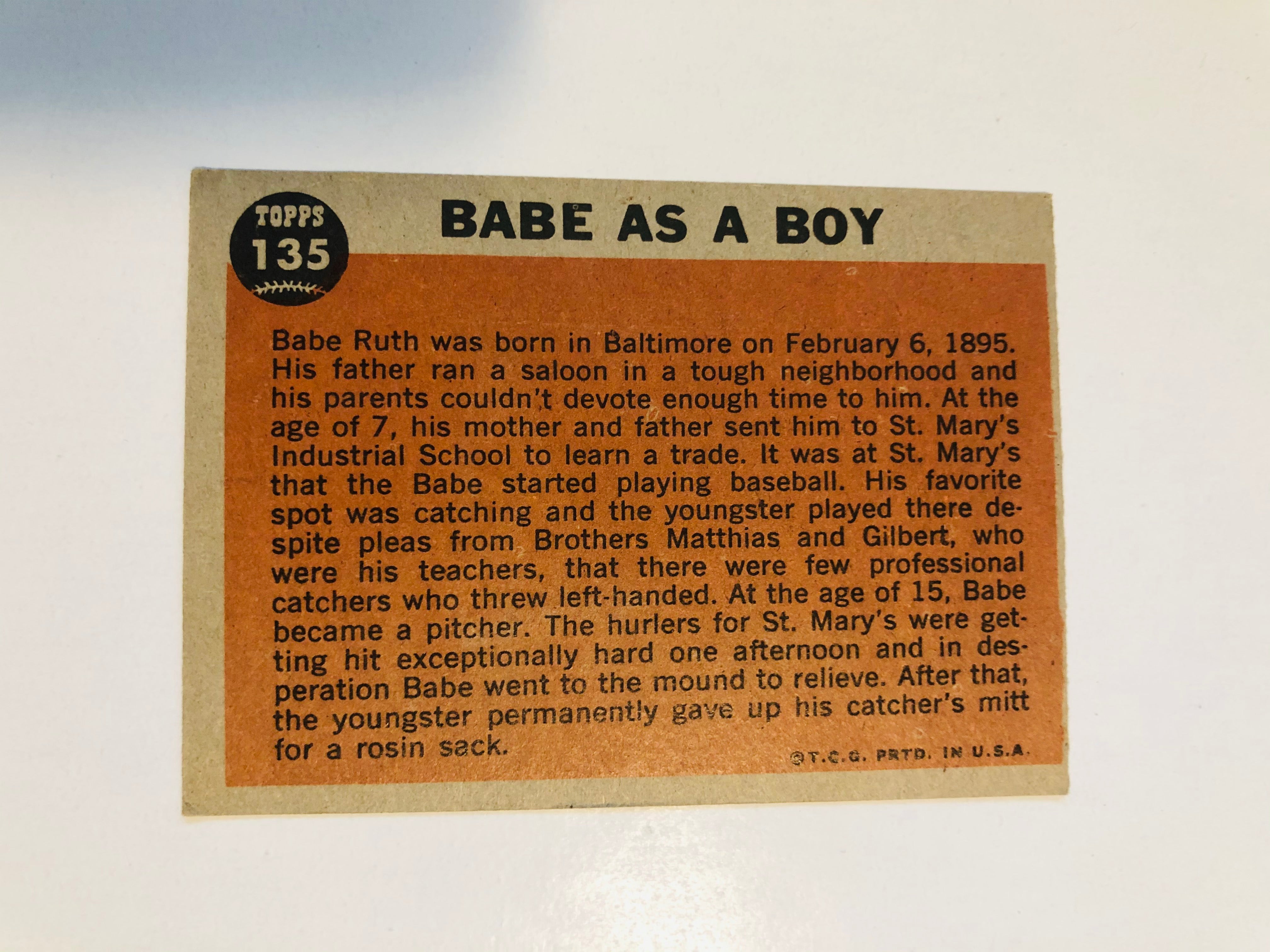 Babe Ruth Topps baseball card as a boy player 1960