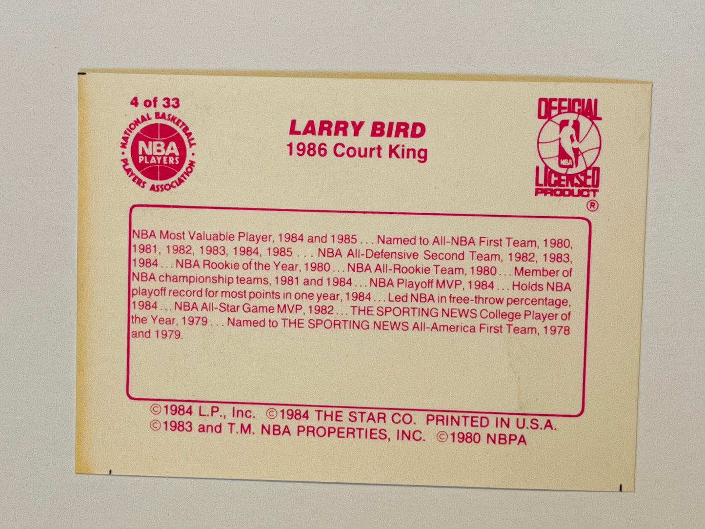 Larry Bird Star Court Kings rare basketball proof card 1986