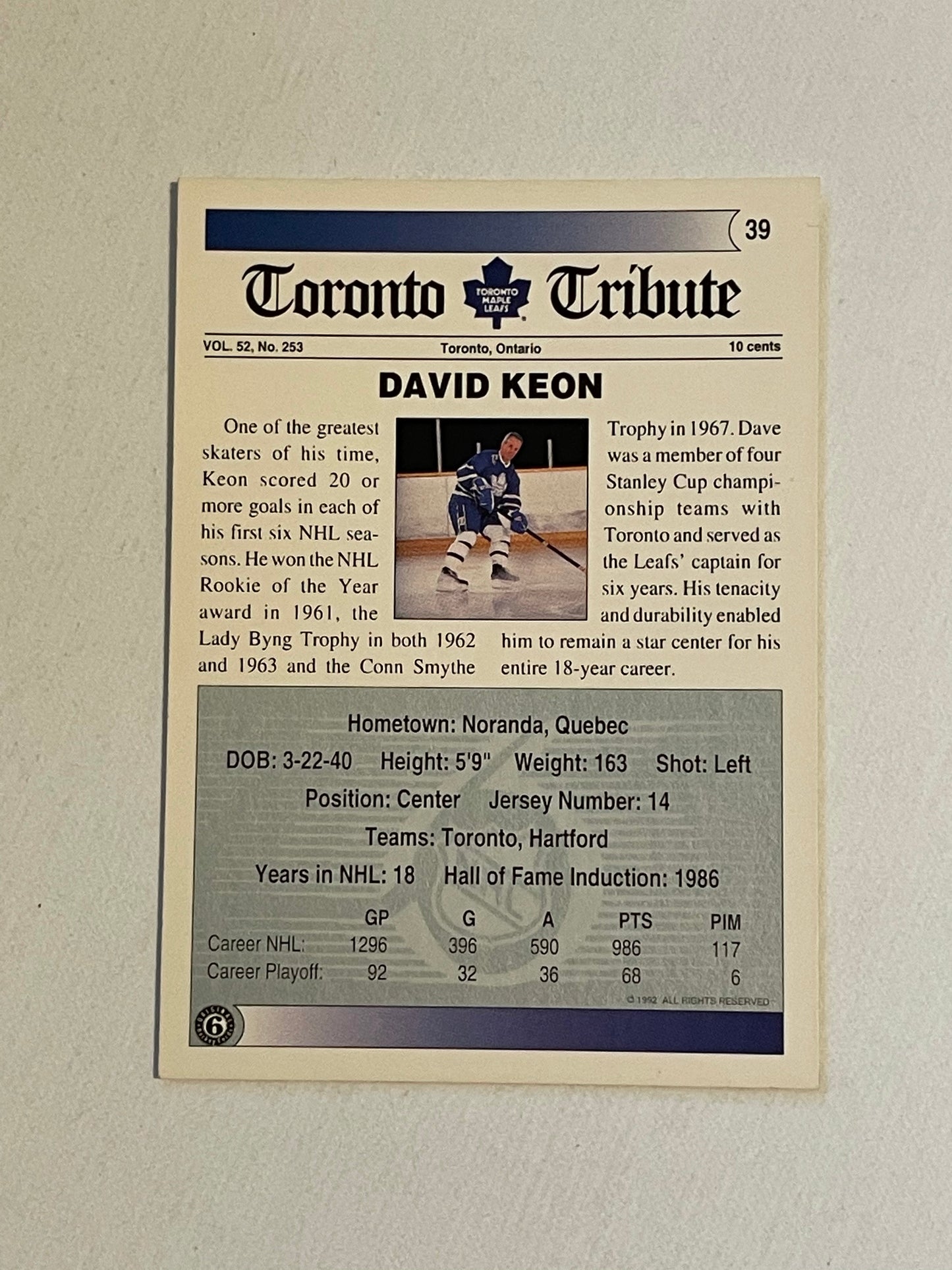 Dave Keon Toronto Maple Leafs hockey autograph card with COA