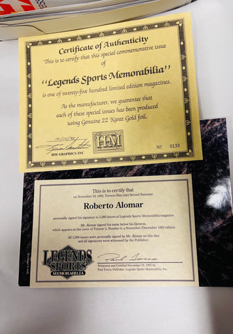 Roberto Alomar Legends Sports Memorabilia November/december 