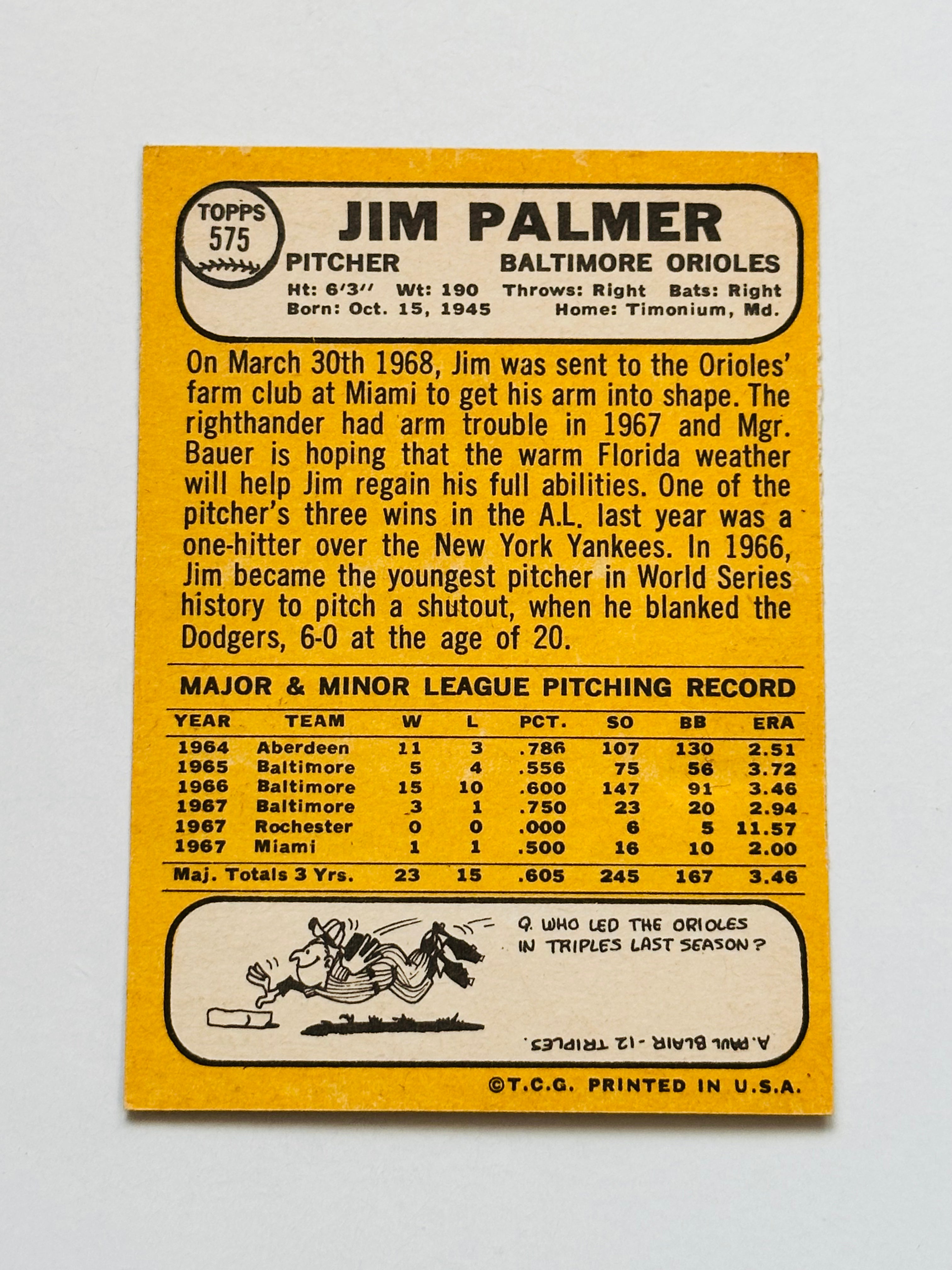 Jim Palmer Topps baseball card NM condition 1968
