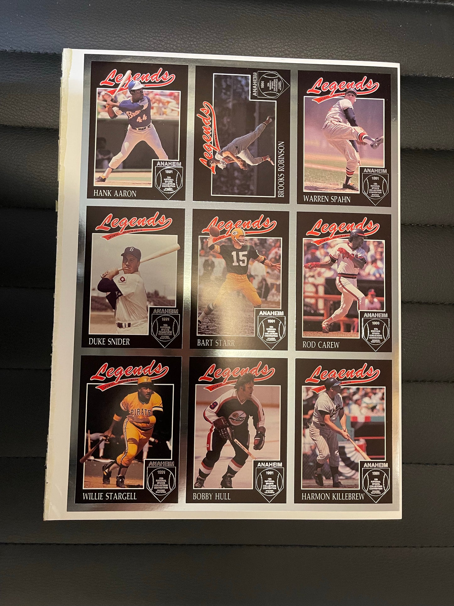 Legends sports 9 cards uncut sheet with Hank Aaron , Bobby Hull and more 1990s