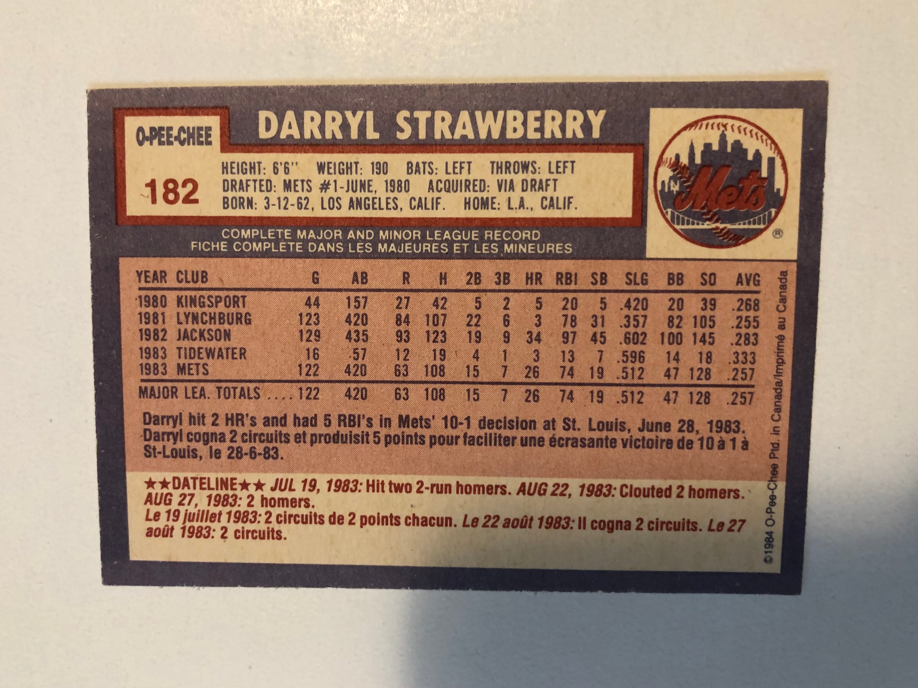 Darryl Strawberry O-pee-chee baseball rookie card 1984