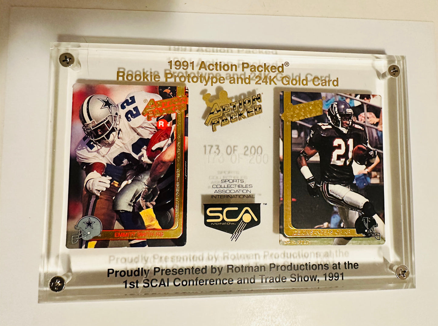 Action Packed rare SCA dinner numbered lucite football display with Emmitt Smith rookie promo #173/200