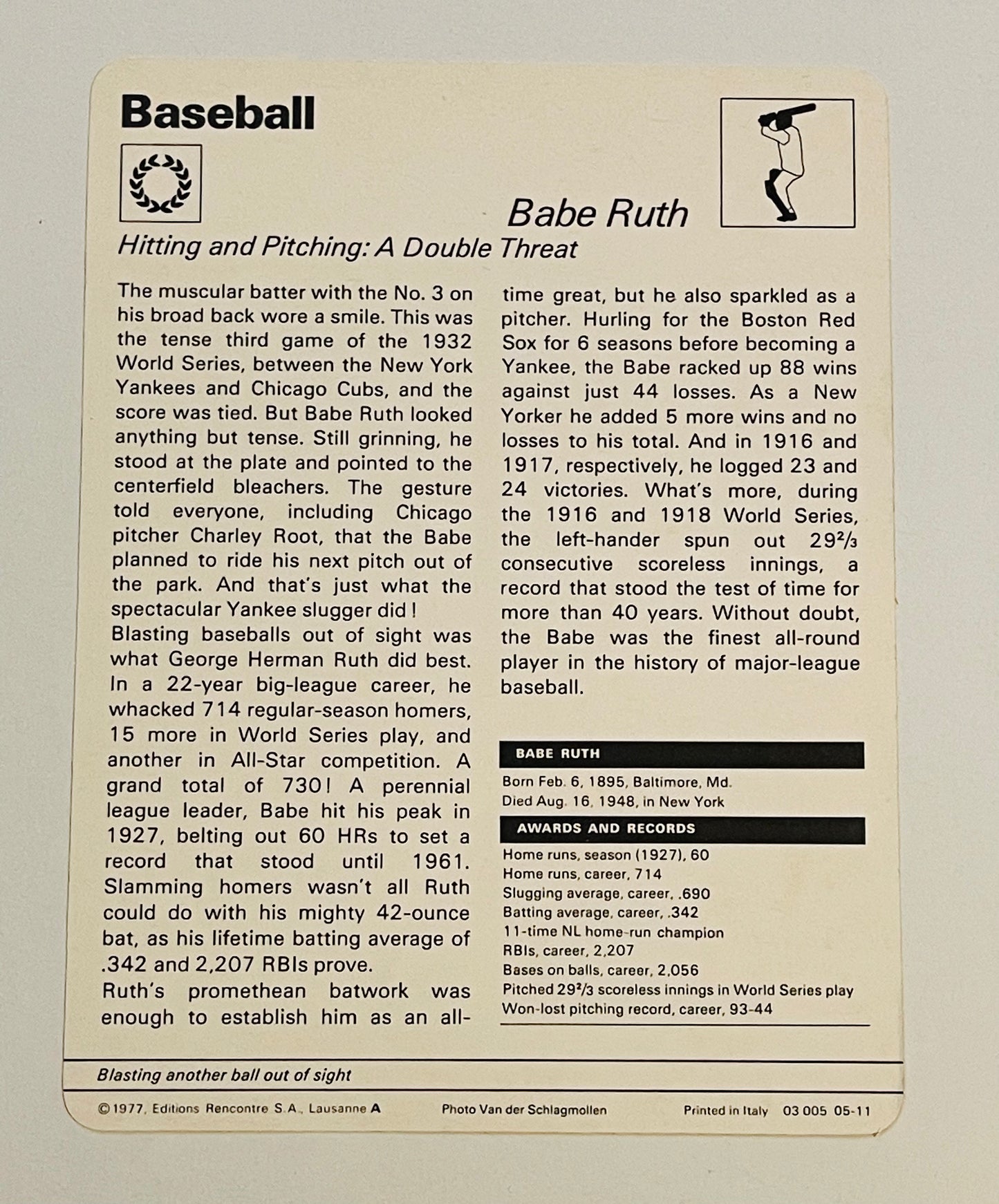 Babe Ruth 5x7 baseball card from Italy 1977