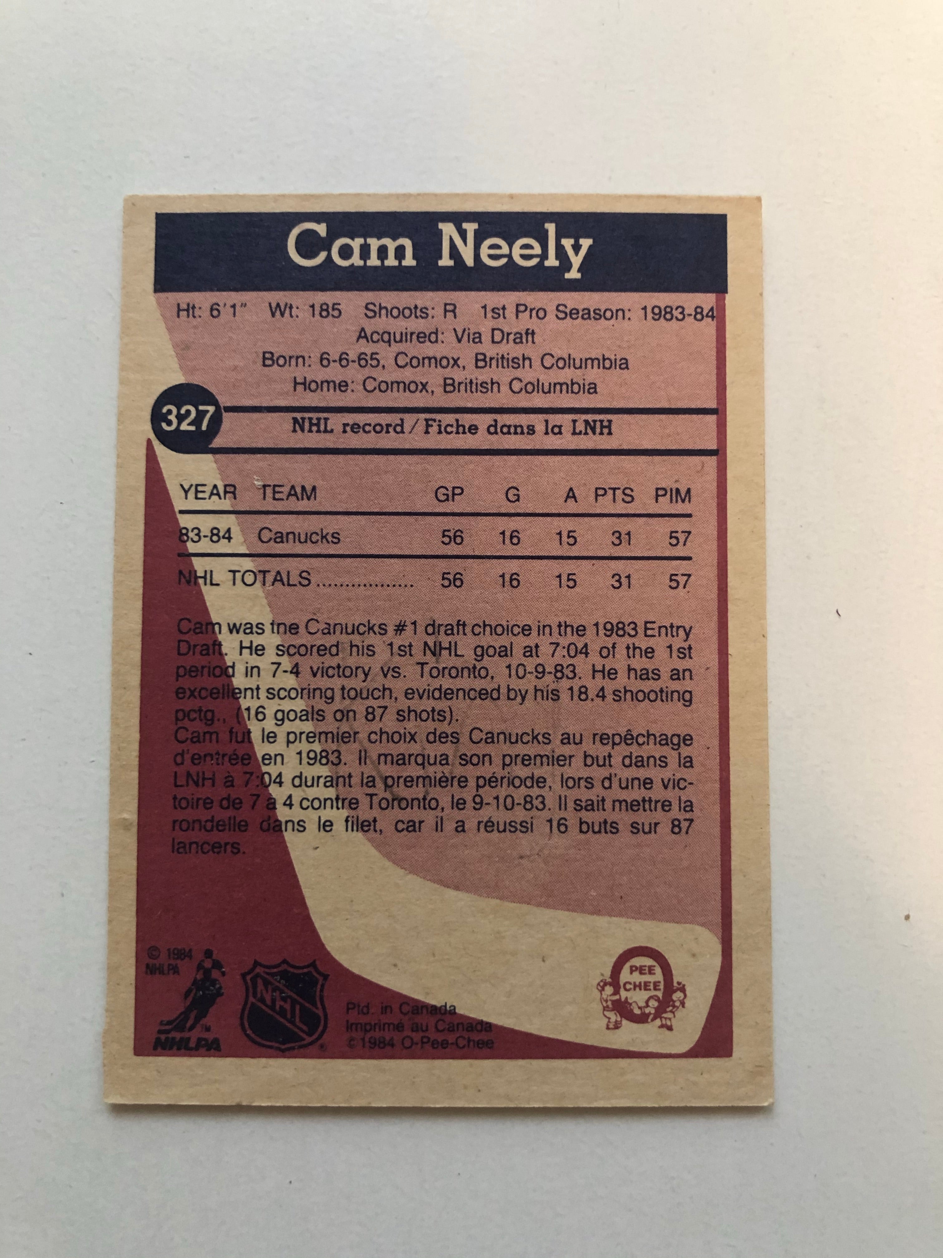 Cam Neely opc hockey rookie card 1984-85